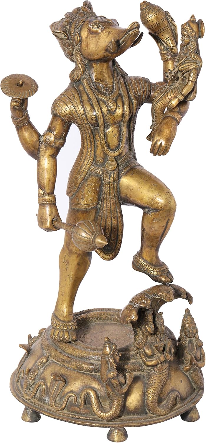 Exotic India 25" Bhagawan Varaha with Bhudevi (Dhokra Art) | Handmade | Madhuchista Vidhana (Lost-Wax) | Panchalo