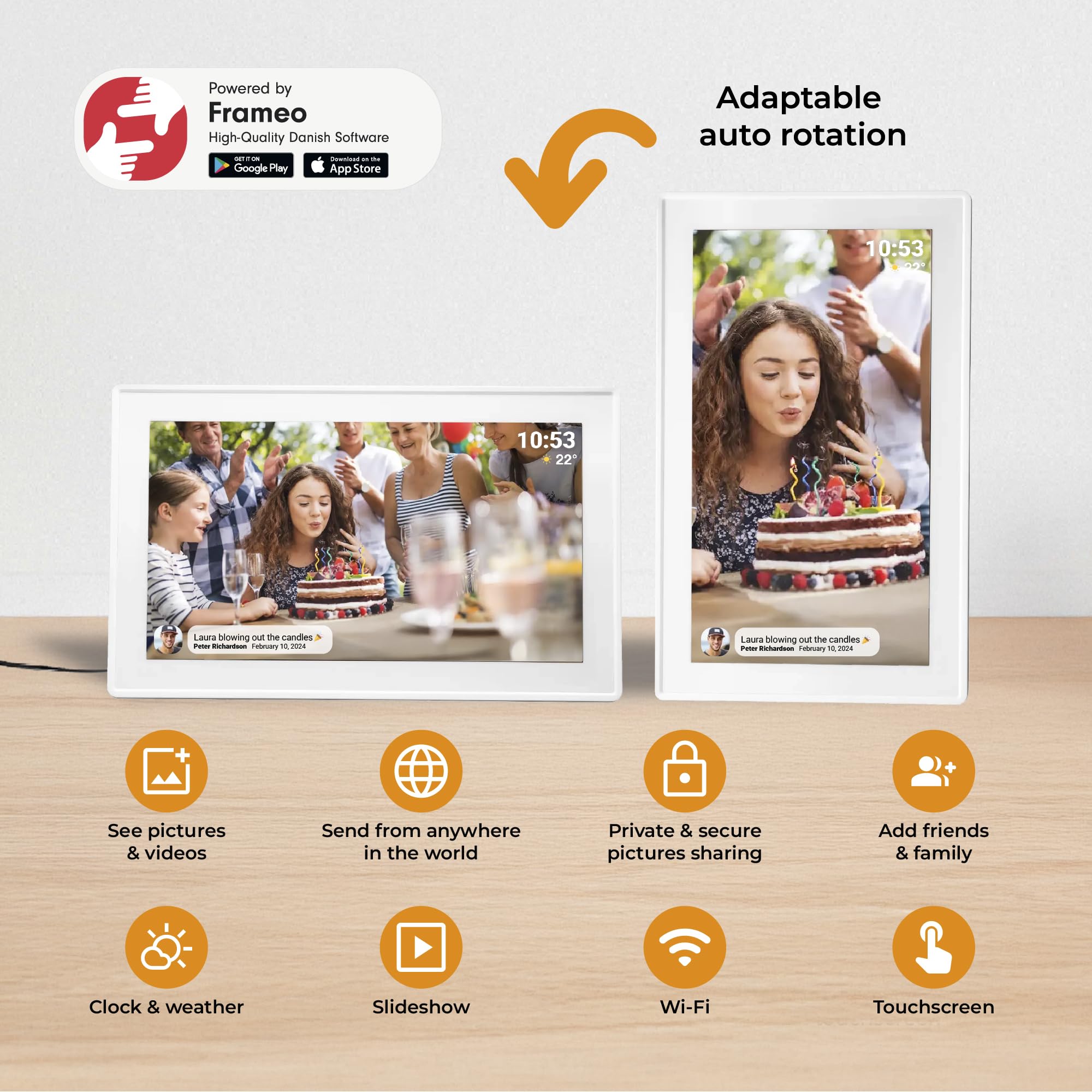 Denver PFF-1515W cyfrowa ramka na zdjęcia Wi-Fi – ekran dotykowy Full HD IPS 15,6", zintegrowane oprogramowanie FRAMEO, bezprzewodowe udostępnianie, automatyczne wyłączanie nocne, pamięć 16 GB, biała