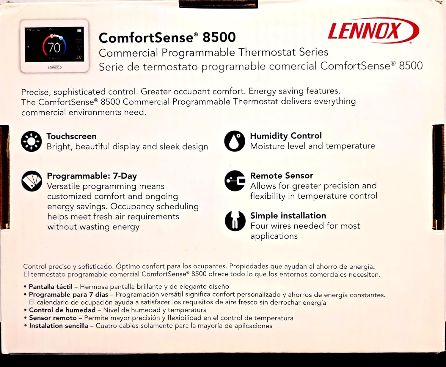 Lennoxe CS8500 ComfortSense 8500 White Commercial Programmable Universal Multi-Stage Full-Color LCD Touchscreen Display Thermostat Ashrae IECC FDD Compliant