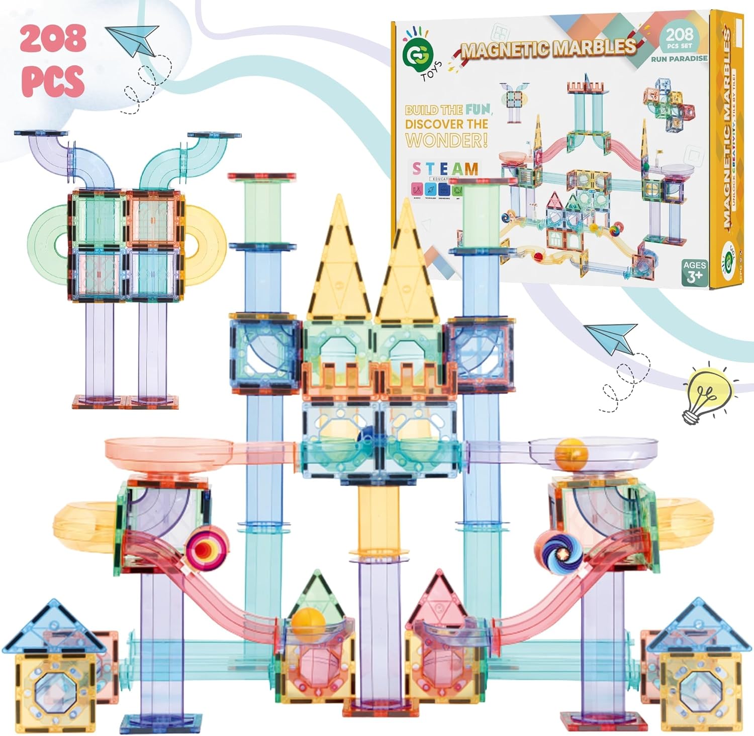 Magnetic Marble Run – 208 PCS Magnetic Tiles & Construction Blocks Set – STEM Building Toys for Boys & Girls Ages 3-9 – 3D Educational Marble Race Game – Gift for Birthdays & Classrooms