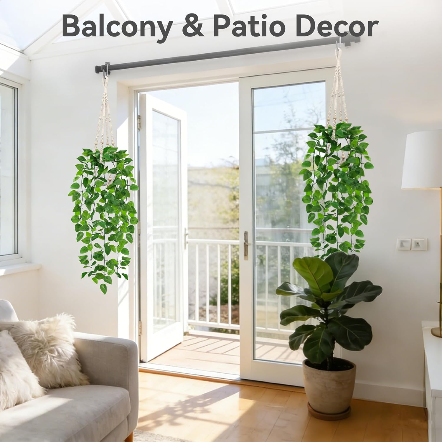 USLAI Fake Hanging Plant, Artificial Pothos Vines Greenery with Pot and Macrame Plant Hanger for Indoor Outdoor Boho Decor