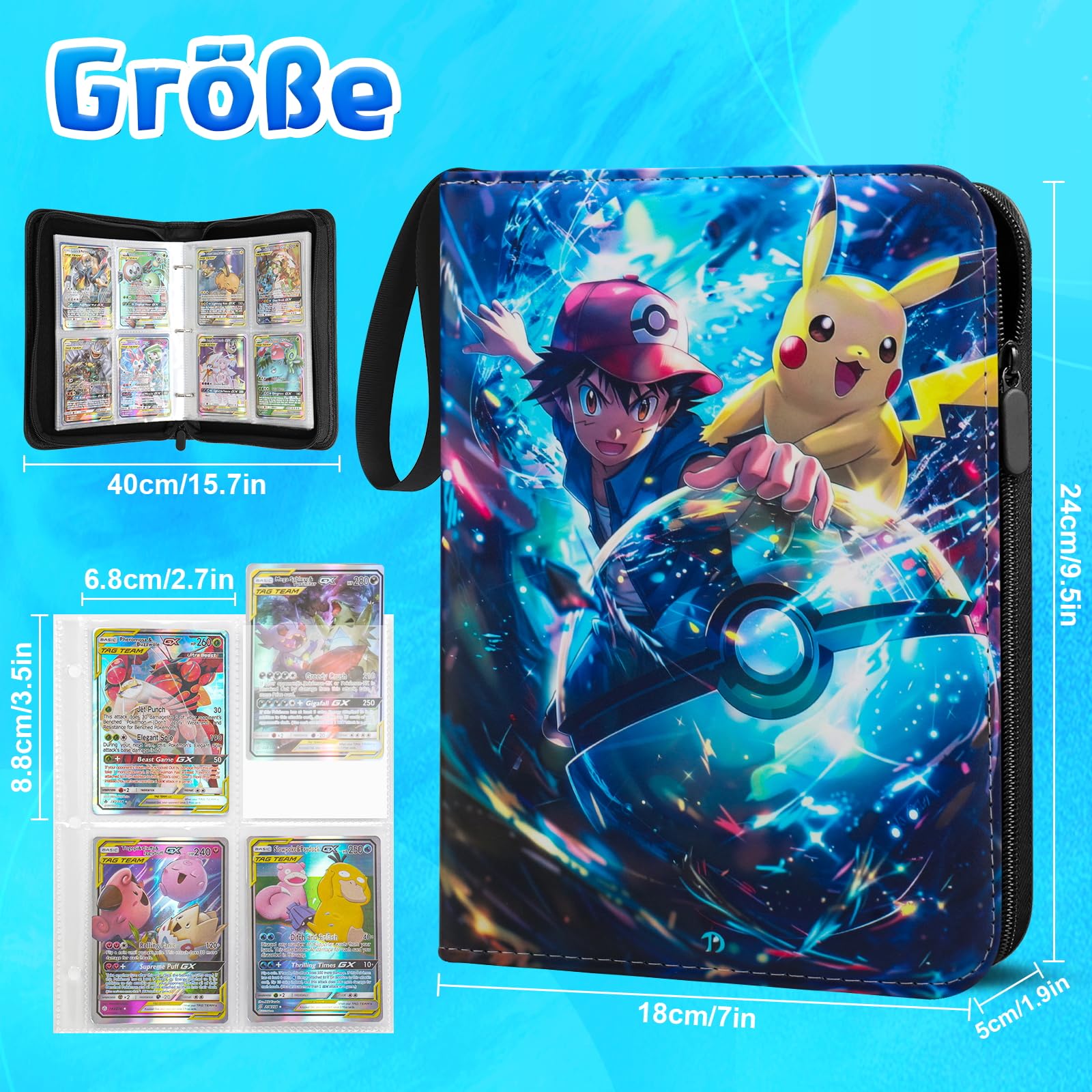 LYAILOOGXL 4 fächer Sammelalbum für Pokemon, Reißverschluss Sammelkarten Album Passt für 400 Karten mit 50 Abnehmbaren Hüllen, Sammelmappe Geschenk für Kartensammler - 3