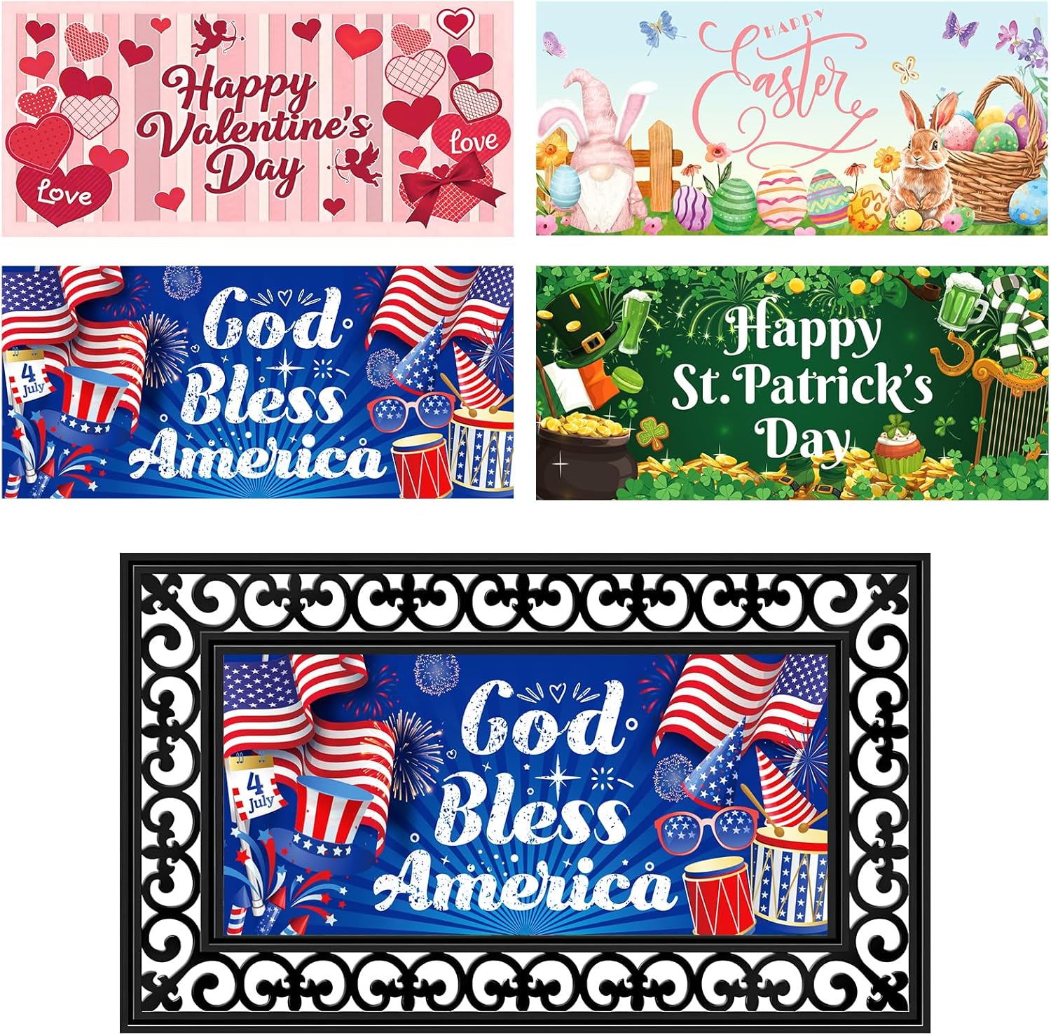 4Pcs Seasonal Door Mats Interchangeable Doormat Inserts Entrance Welcome Mats 22x10 In Non Slip Mats Gifts for Front Door Valentine's Day St. Patrick's Day Easter Independence Day Decor (No Frame)