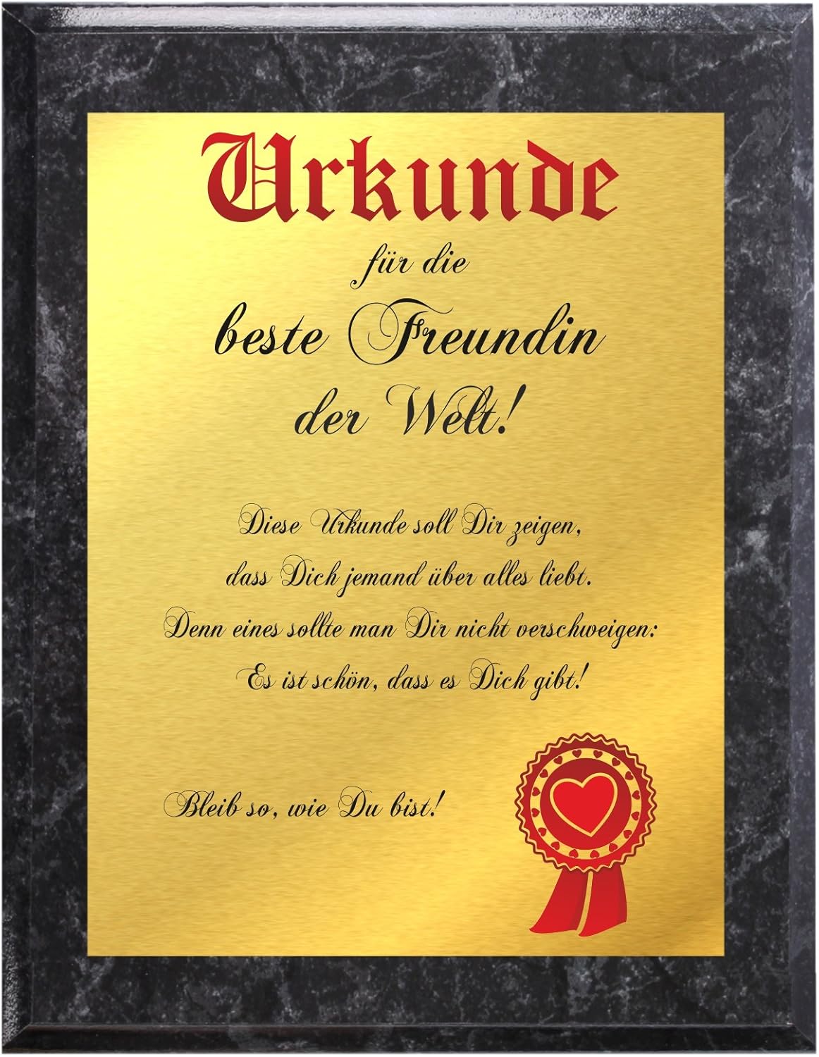 Urkunde für die beste Freundin der Welt … (Gold Metallic + marmorierte Holztafel) Amazon.de