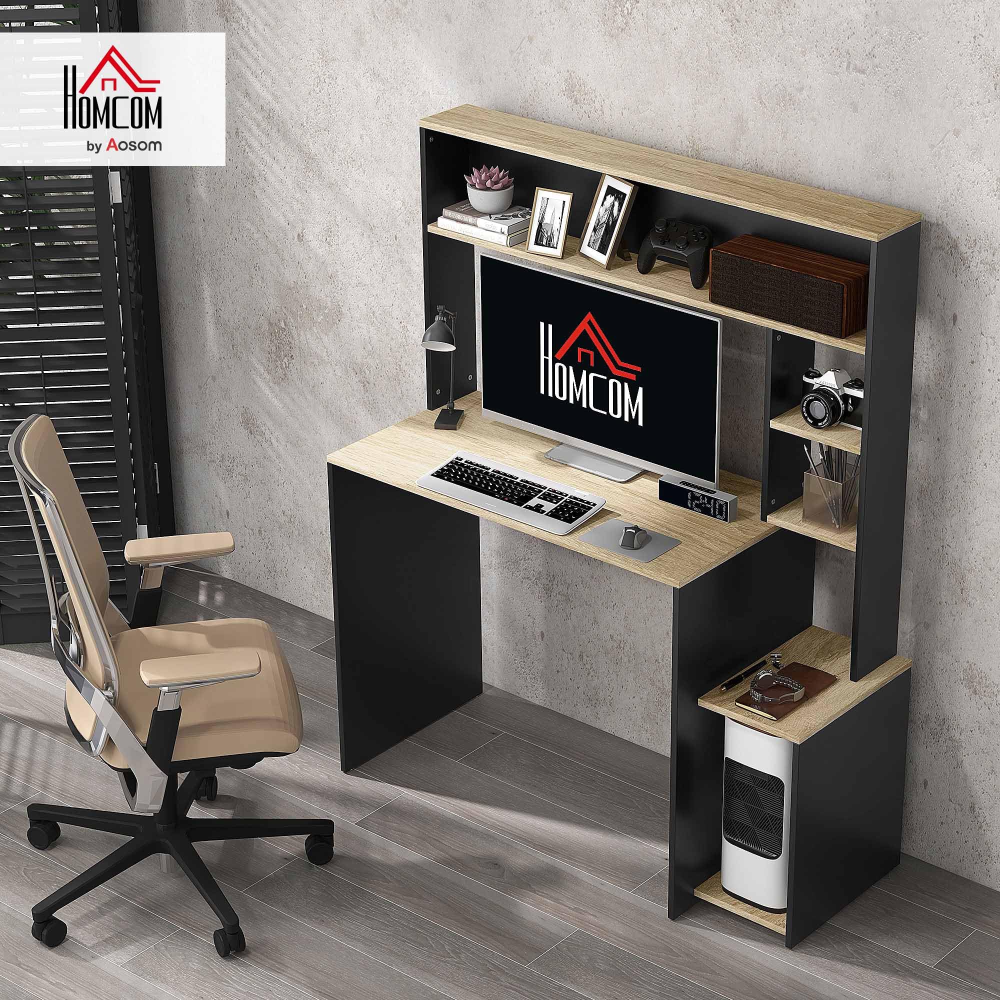 HOMCOM Scrivania per Ufficio e Studio con 3 Ripiani, Scrivania in Legno con Supporto per CPU, 114x45x138cm, Grigio e Legno Naturale