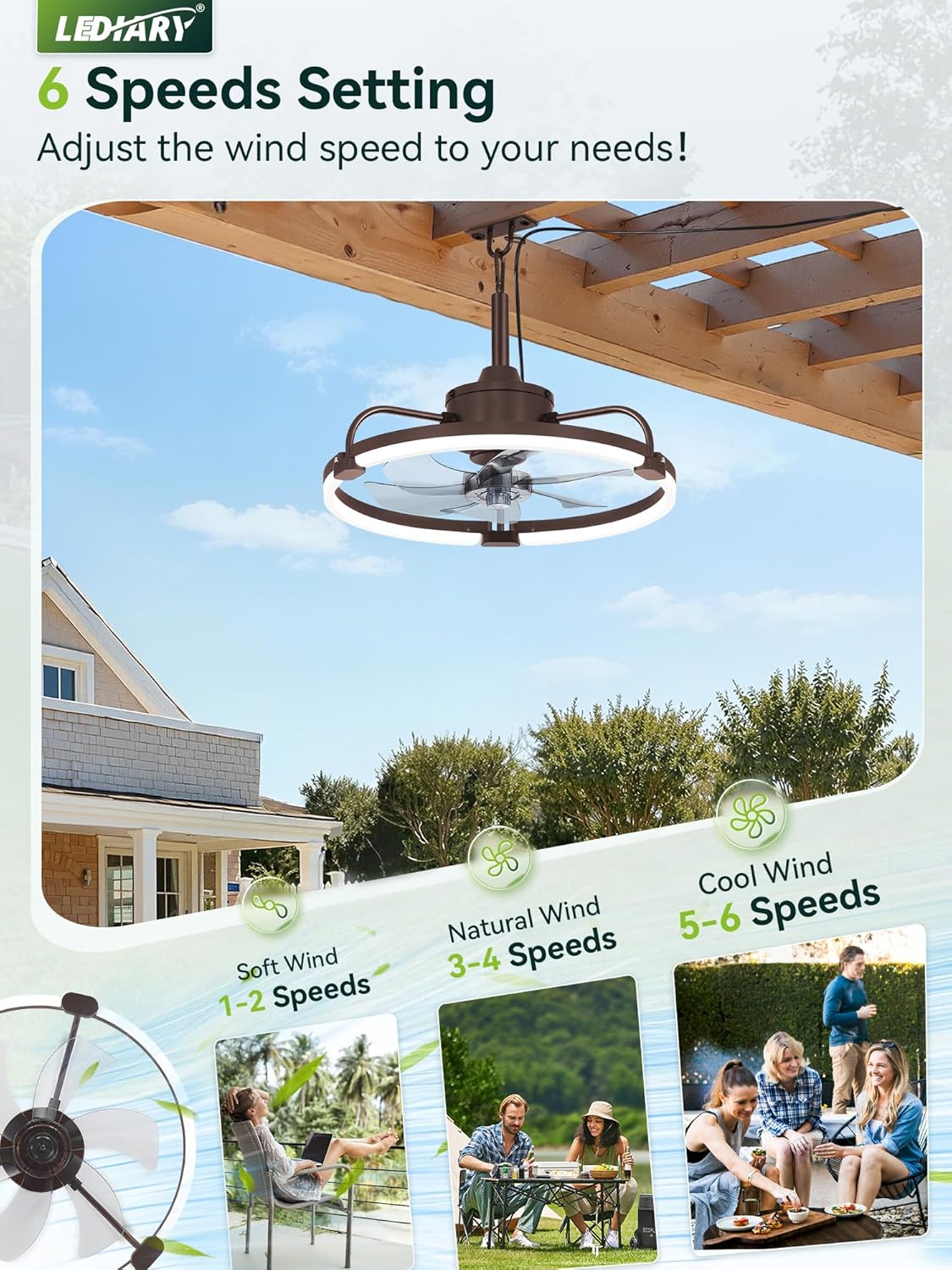 LEDIARY 20" Outdoor Ceiling Fans with Light for Patios, IP65 Waterproof Gazebo Fan, Plug-in Hanging Fan Remote&APP Control, 3CCT Dimmable, 6-Speeds, Caged Ceiling Fan for Gazebo,Patio,Porch