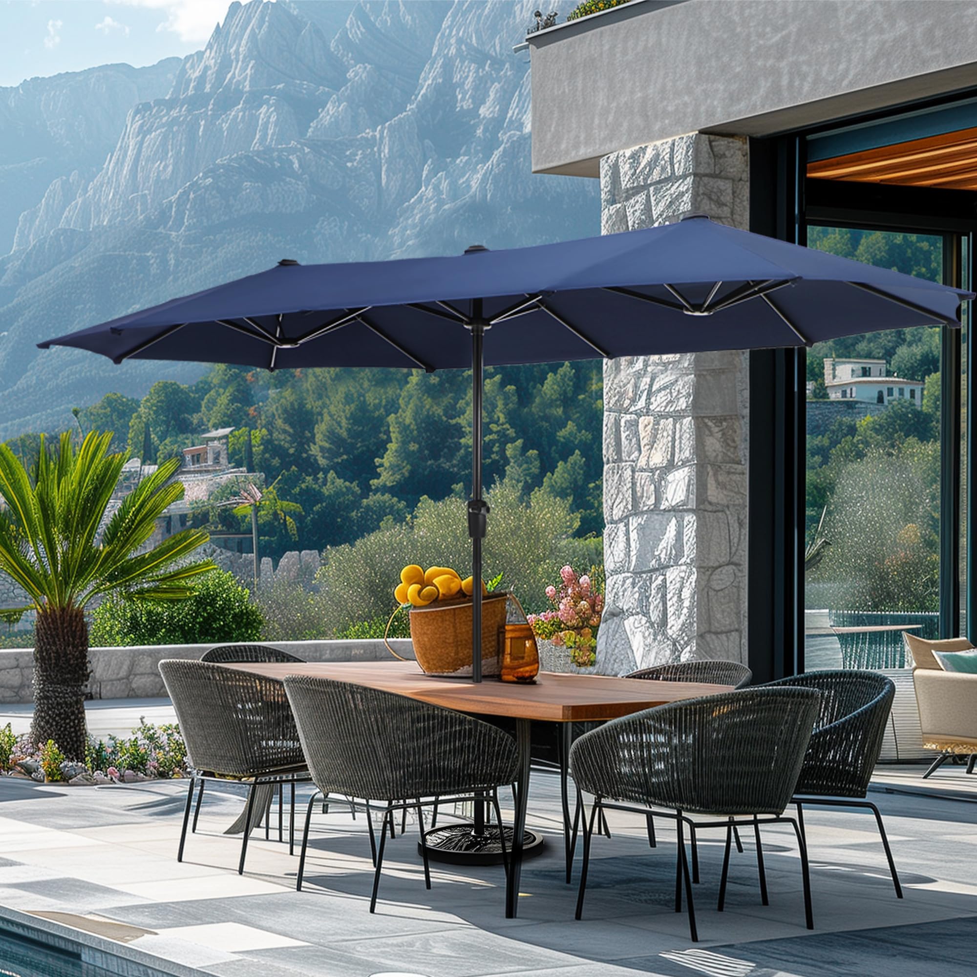green party 13ft rectangle patio umbrella, double sided outdoor table umbrella with crank & 1.5" pole, large market umbrella for poolside garden deck backyard, navy blue