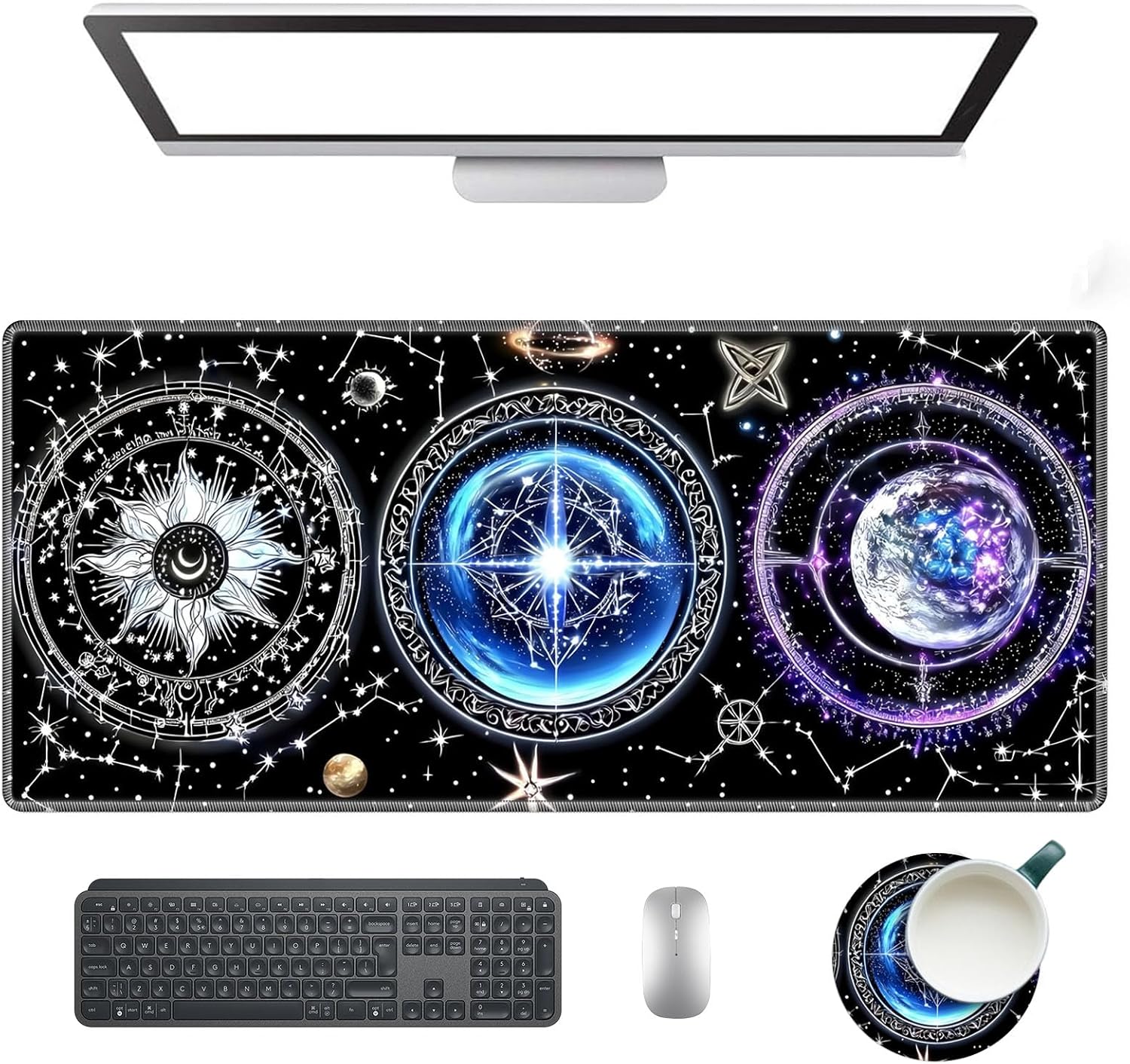 Large Gaming Mouse Pad with Cup Coaster Set, XXL Mousepad Large Desk Pad with Non-Slip Base, Extended Mousemat 35.4 x 15.7 in, Occult Astrology