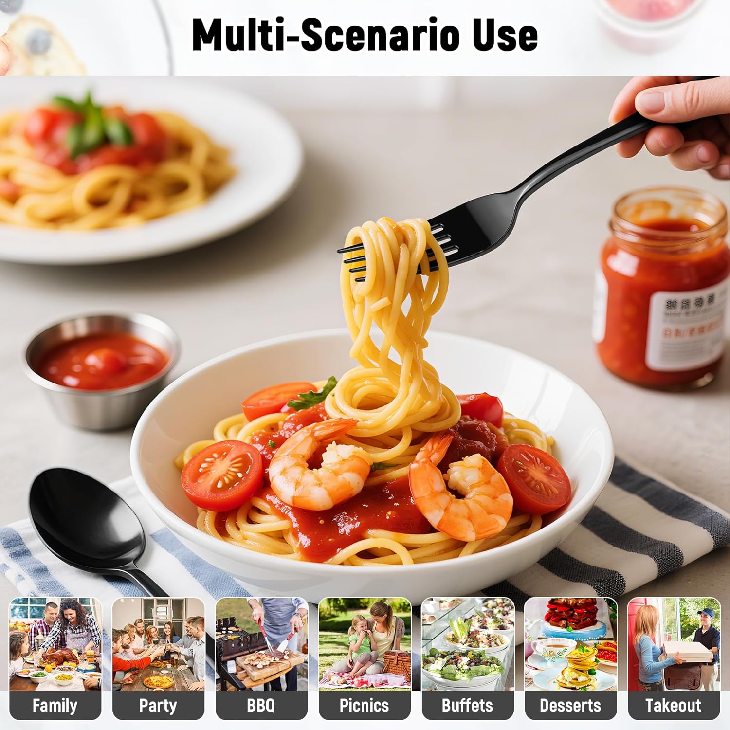 300 Count Black Disposable Plastic Silverware Set - Bulk Cutlery Set with 100 Forks, 100 Spoons, 100 Knives - Utensils for Wedding, Birthday Party, Halloween & Catering Supplies