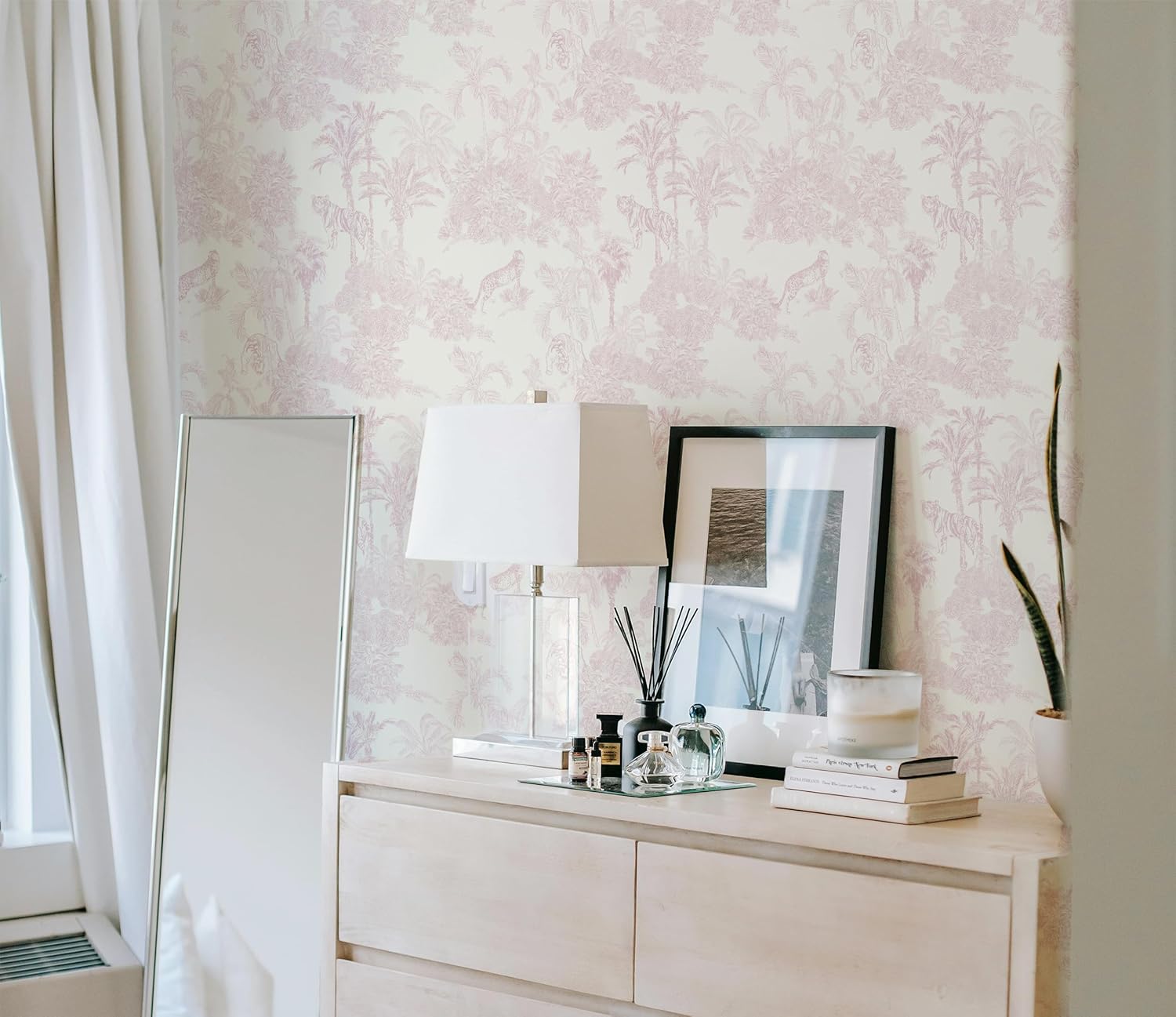 RollsRolla French Country Style Pink Peel and Stick Wallpaper Inspired by Vintage Chinoiserie Farmhouse Style Featuring Forest Toile Pattern Temporary Wallpaper for Bathroom, Laundry Room, Bedroom