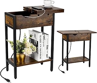 Hula Home Narrow End Table for Small Spaces with Charging Station (USB-C, USB, & Outlet) Flip Top | Living Room Storage Shelf, USB Ports & Power Outlets, Bedside Tables, Bedroom (Brown)