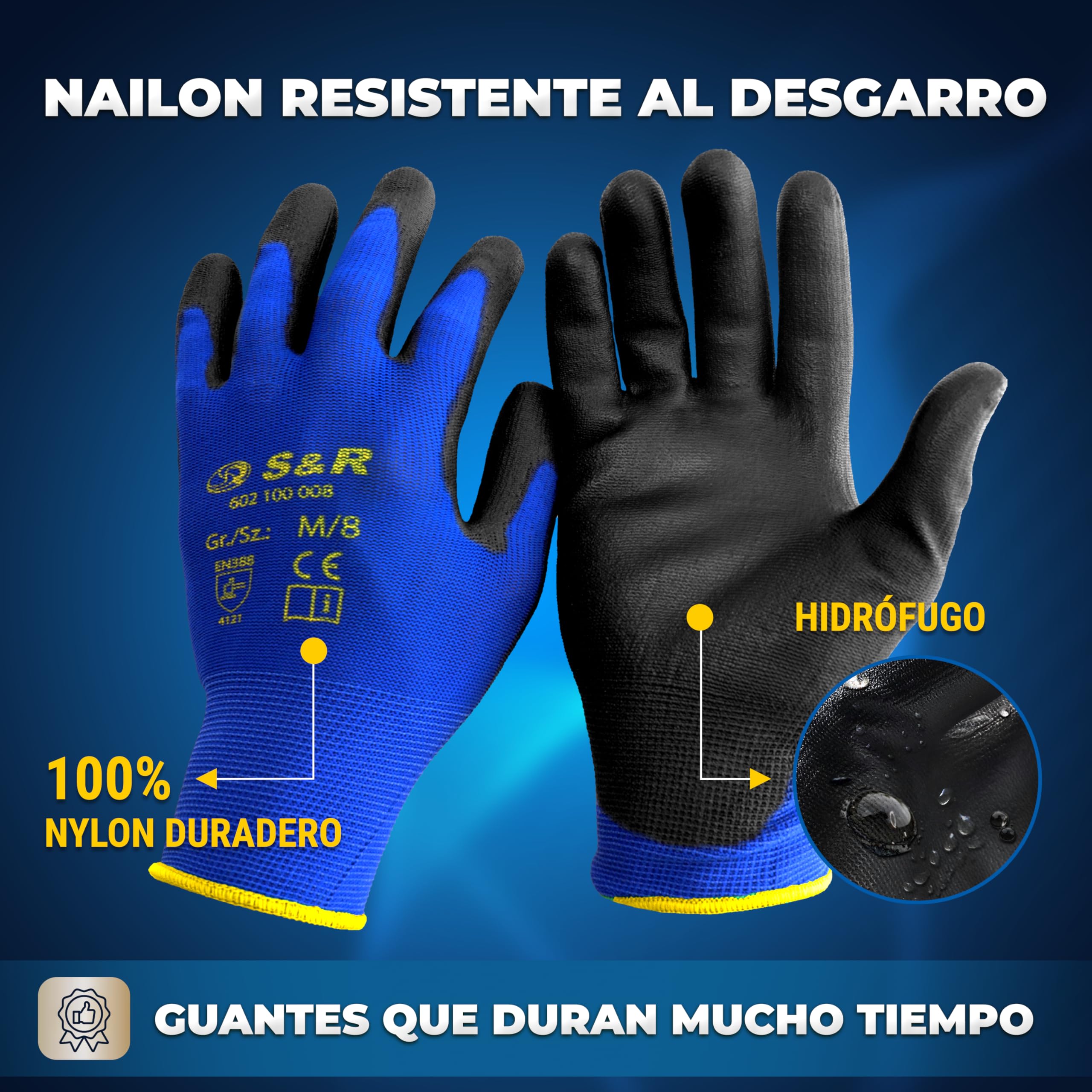 S&R 12 PARES Guantes de Trabajo Bricolaje Jardinería Construcción Pintura. Guantes con Nailon para Hombre Mujer Ligeros y Resistentes Tallas 8/9 / 10