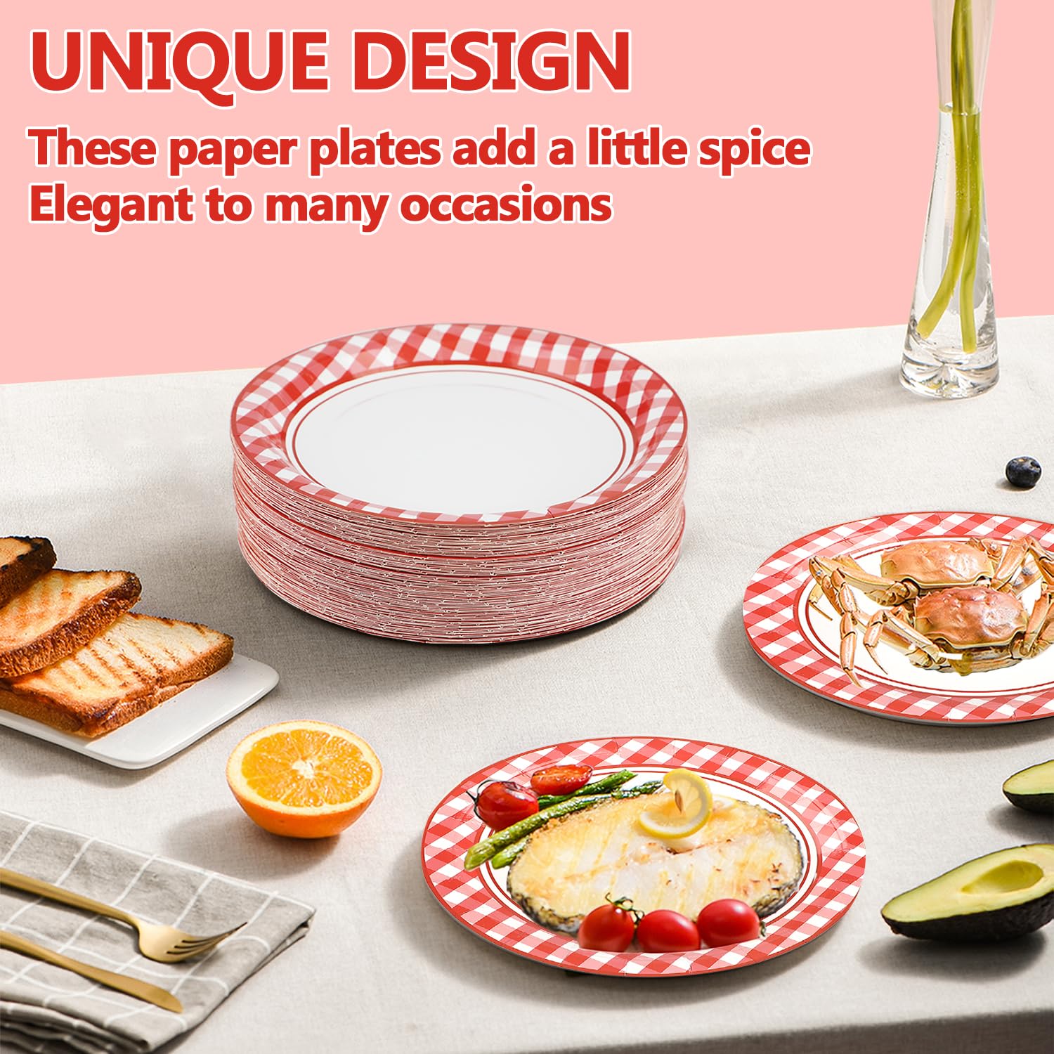 Amazon.co.jp: 赤と白のプレート100枚 ギンガムチェックチェック柄