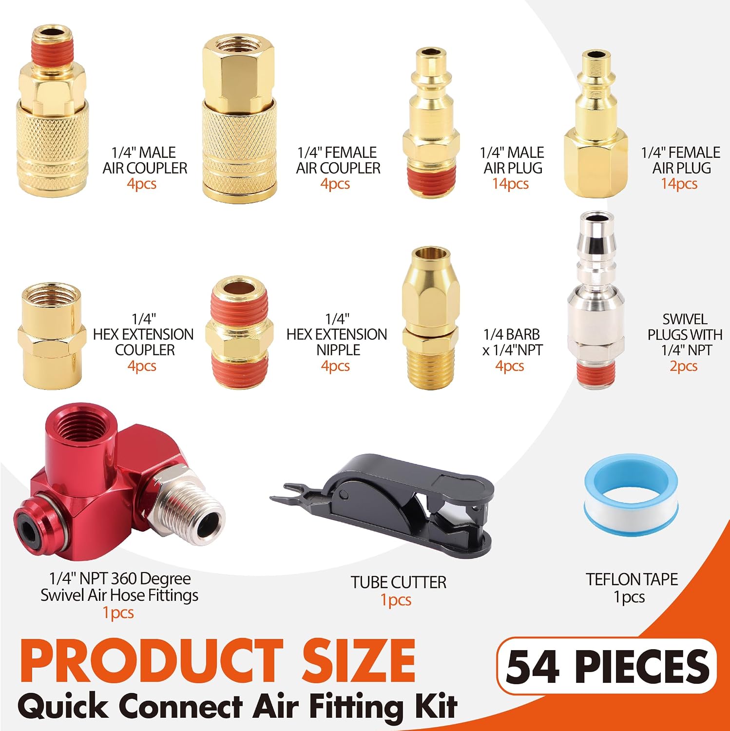51PCS Electroplated Copper-Coated Pneumatic Connection Components Set with Protective Tape and Tools for Professional and Automotive Maintenance