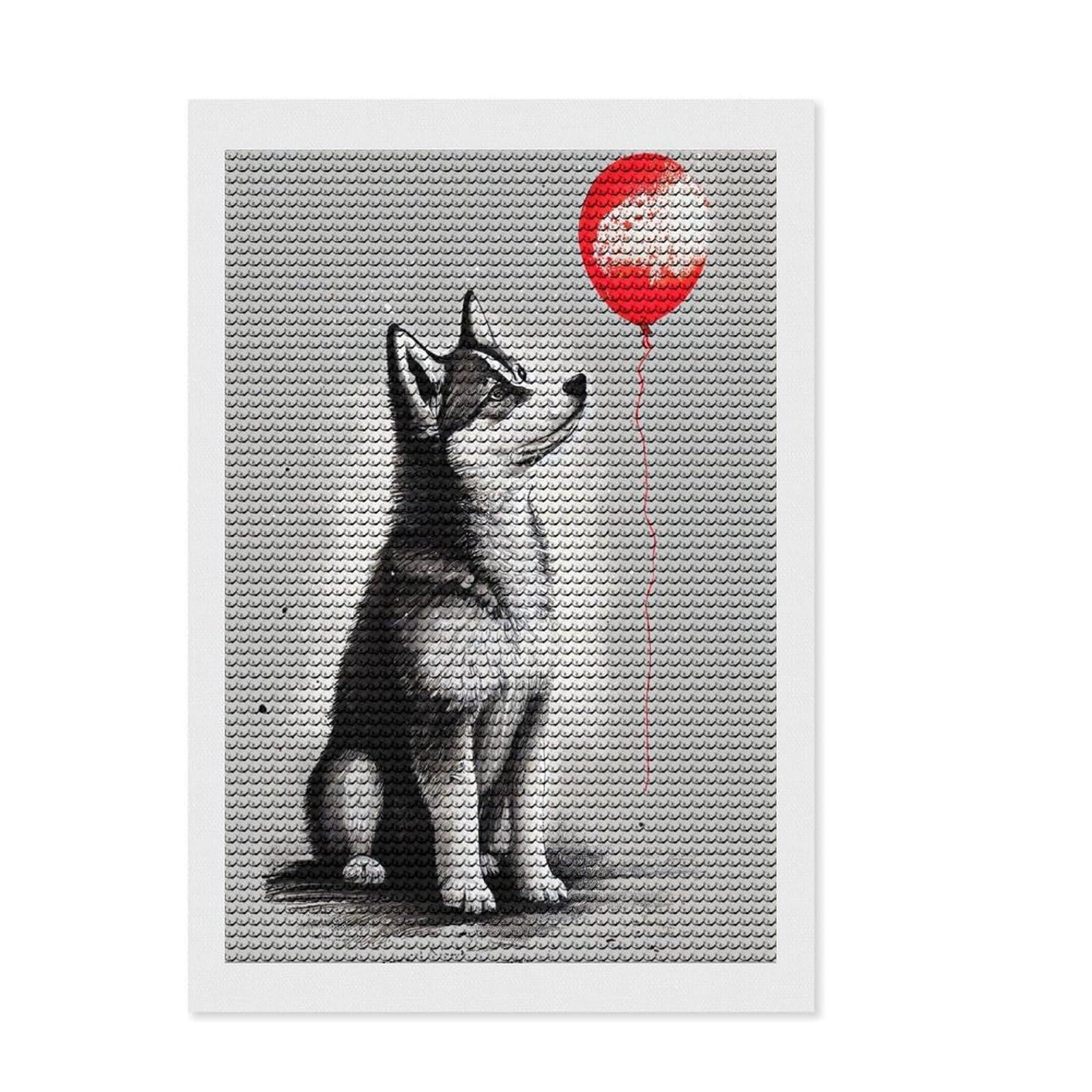 Junmoney Husky Red Balloon DIY Diamond Art Canvas Kit 8"x12", Gift Idea, Relaxing DIY, Full Kit Included, Relaxing Handmade Project