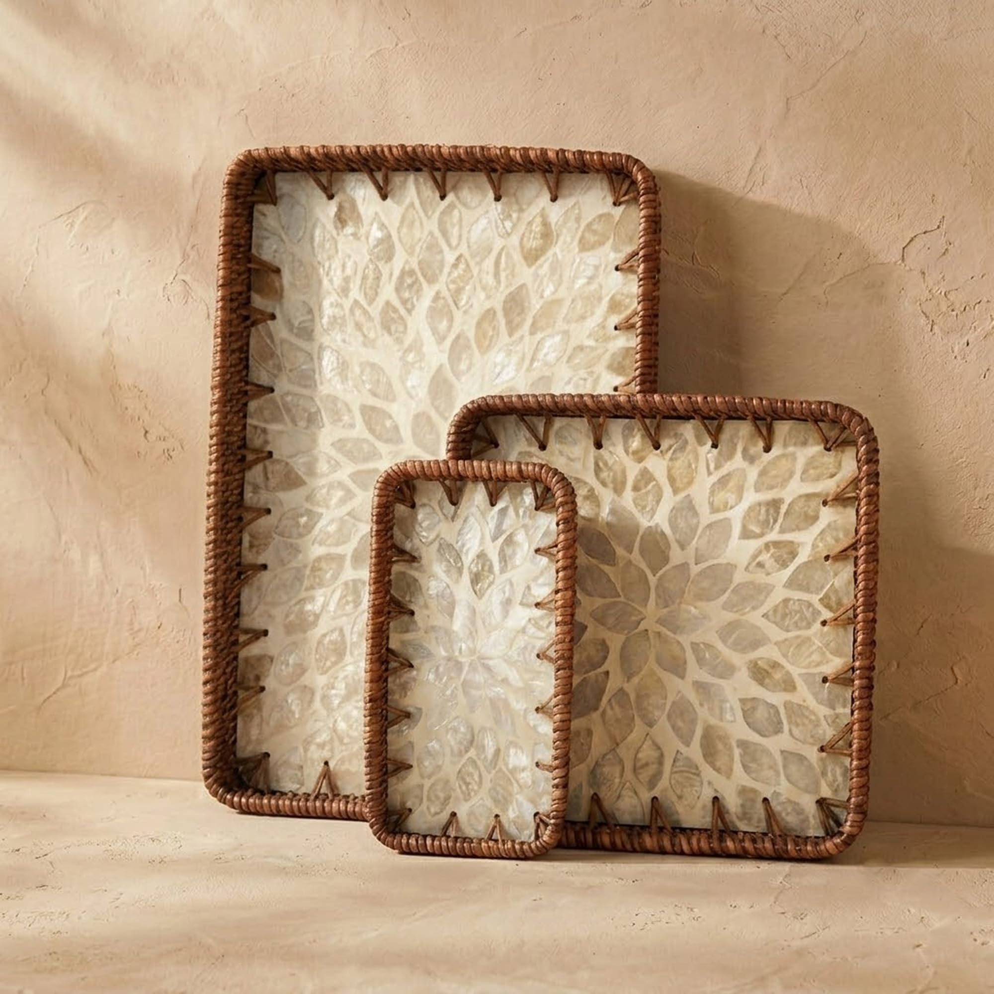 oddpod™ Mother of Pearl Set of 3 Handcrafted Rectangular Rattan Trays | Natural Petal Trio Serving Trays for Home Organisation, Dining Table Decor & Gifting-image-9