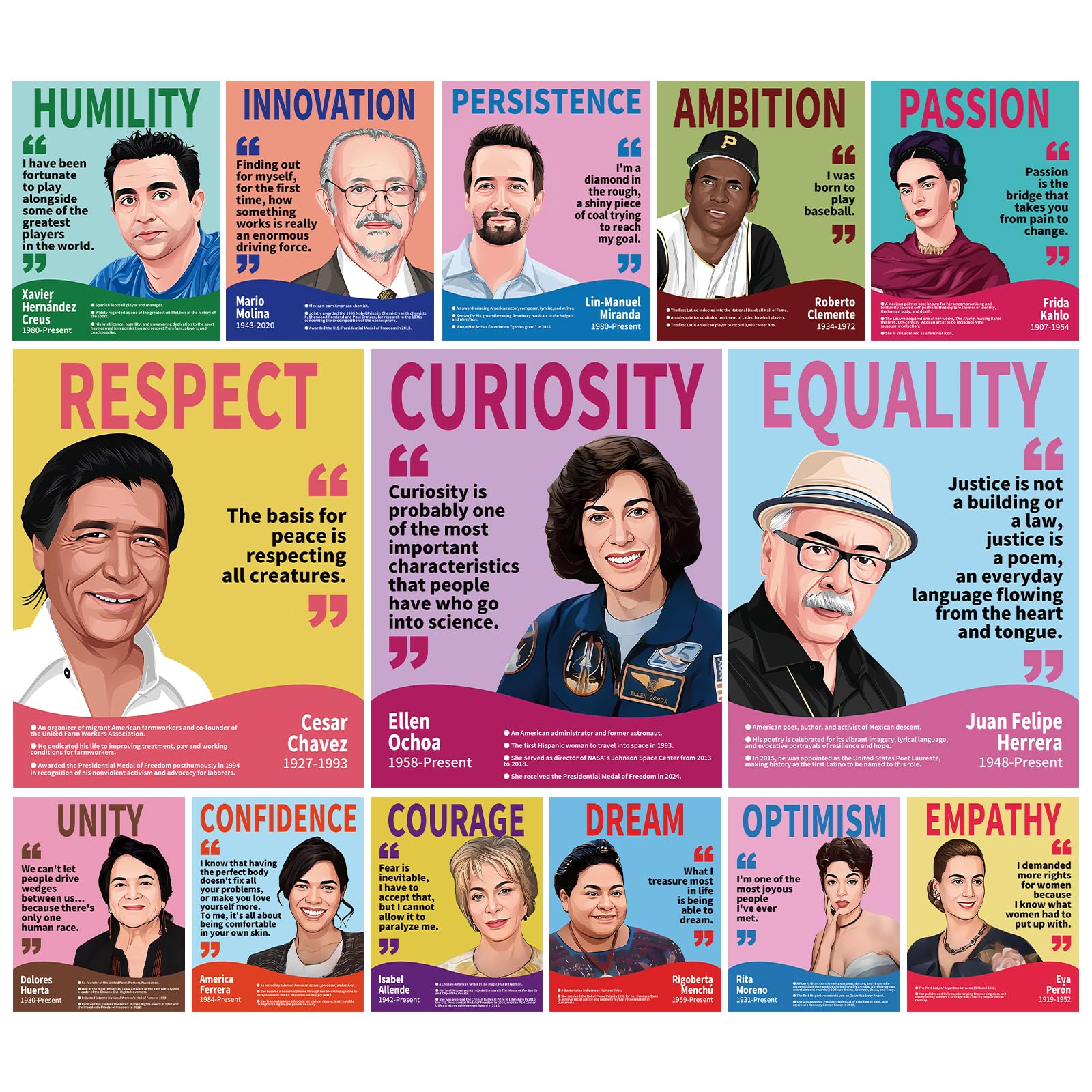 Arosche Hispanic Heritage Month Decorations Posters 14pc English Motivational Posters Famous Latino Hispanic People Inspirational Positive Quotes