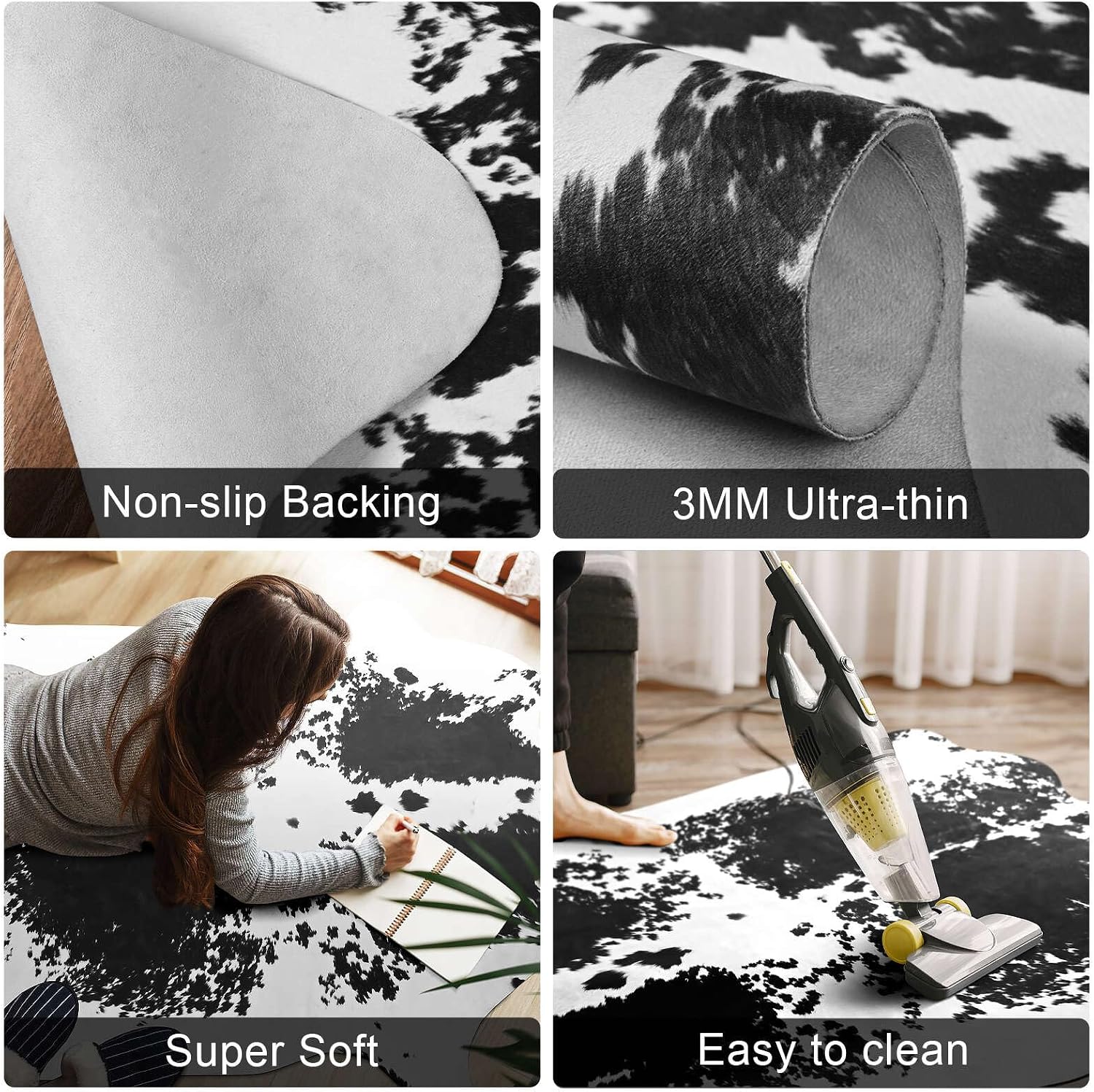 Terrug Cowhide Rug Western Decor, 4.6 x 5.2 Feet Premium Western Cow Print Rug, Large Faux Carpet for Living Room Bedroom Entryway Kitchen Hallyway Party Wall Home Decor, Black White