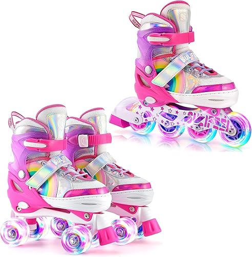 SULIFEEL Rainbow Unicorn - Patines de ruedas y patines en línea ajustables de 4 tamaños, color rosa