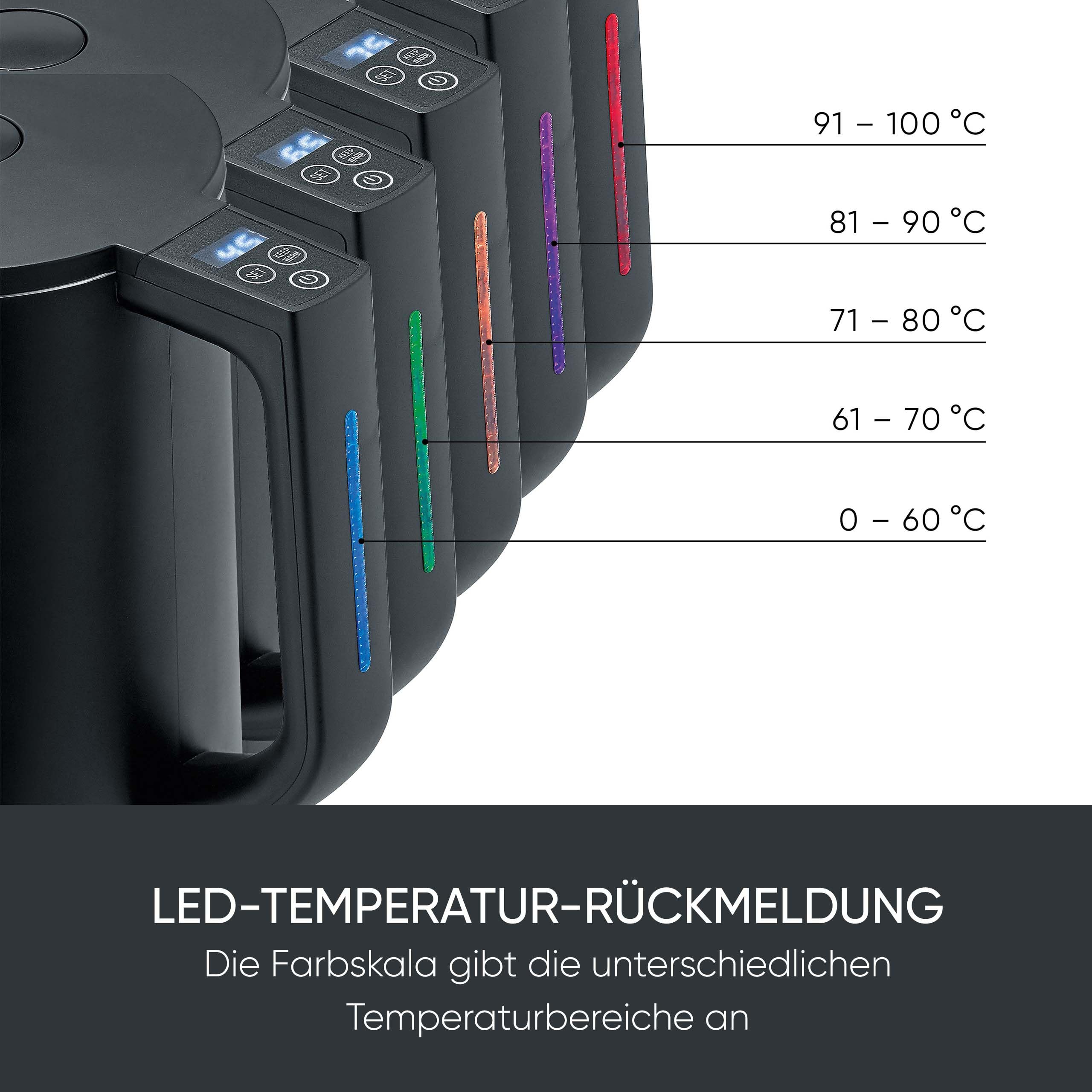 SEVERIN Cool-Touch Wasserkocher, doppelwandiger Wasserkocher, farbige LED-Temperatur-Rückmeldung im Griff, mit Warmhaltefunktion und Abschaltautomatik, schwarz, 1,7 L Kapazität, 2.200 W, WK 3484