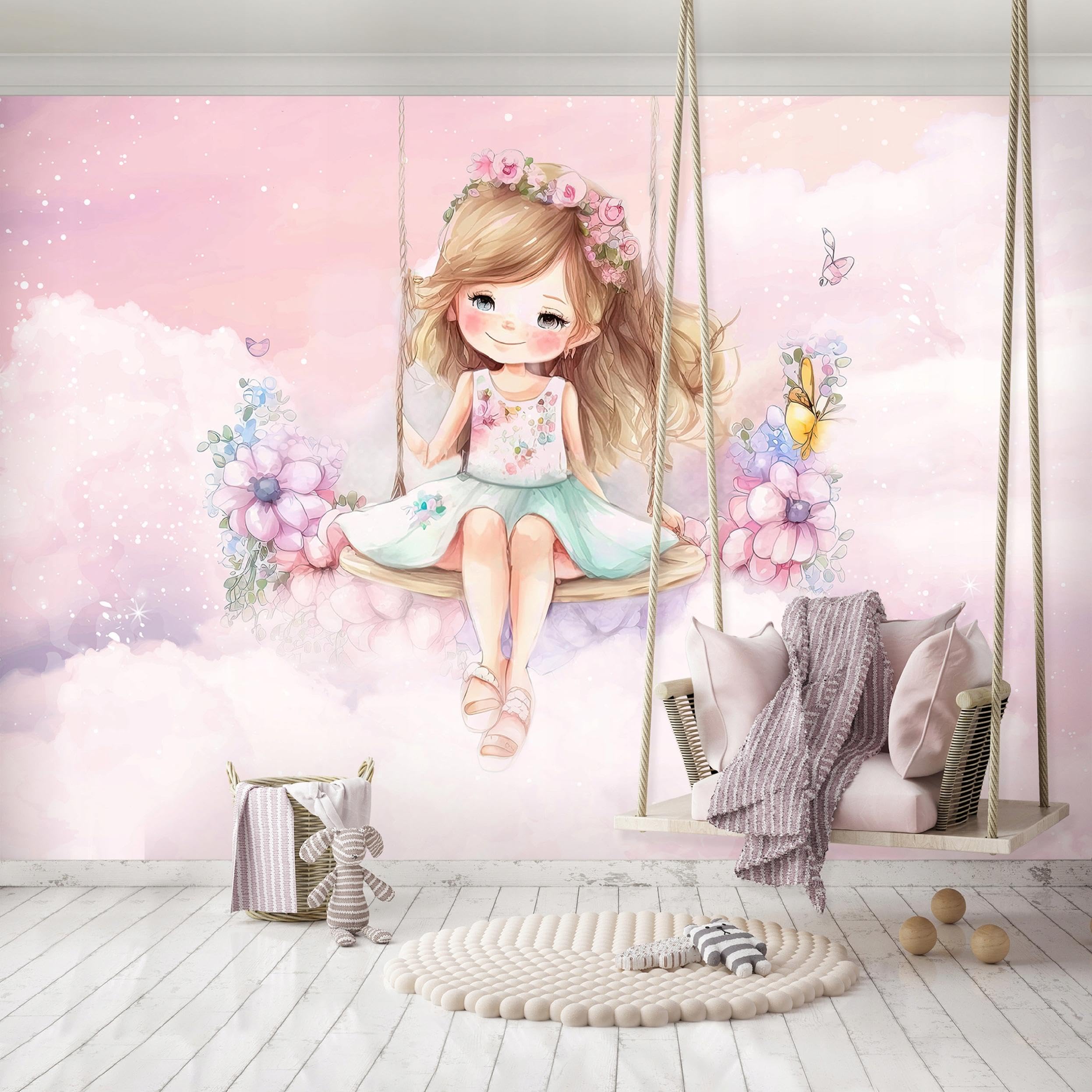 WallArena - Carta da parati fotografica per bambini - Nuvole 400x280 cm - Carta da parati fotografica - Per la cameretta dei bambini - Effetto 3D - con Colla - Ragazza del Paradiso Rosa