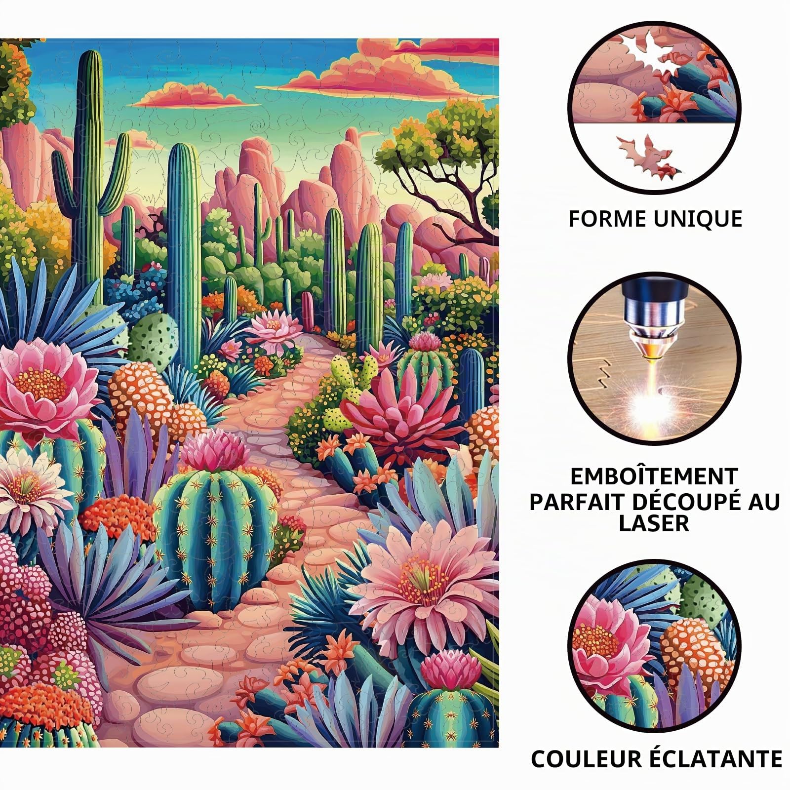 GLOBLELAND 300 Pièces Puzzle en Bois Jungle de Cactus pour Adultes et Monde des Cactus en Bois Puzzle Forme Unique Colorés pour Les Vacances Anniversaire