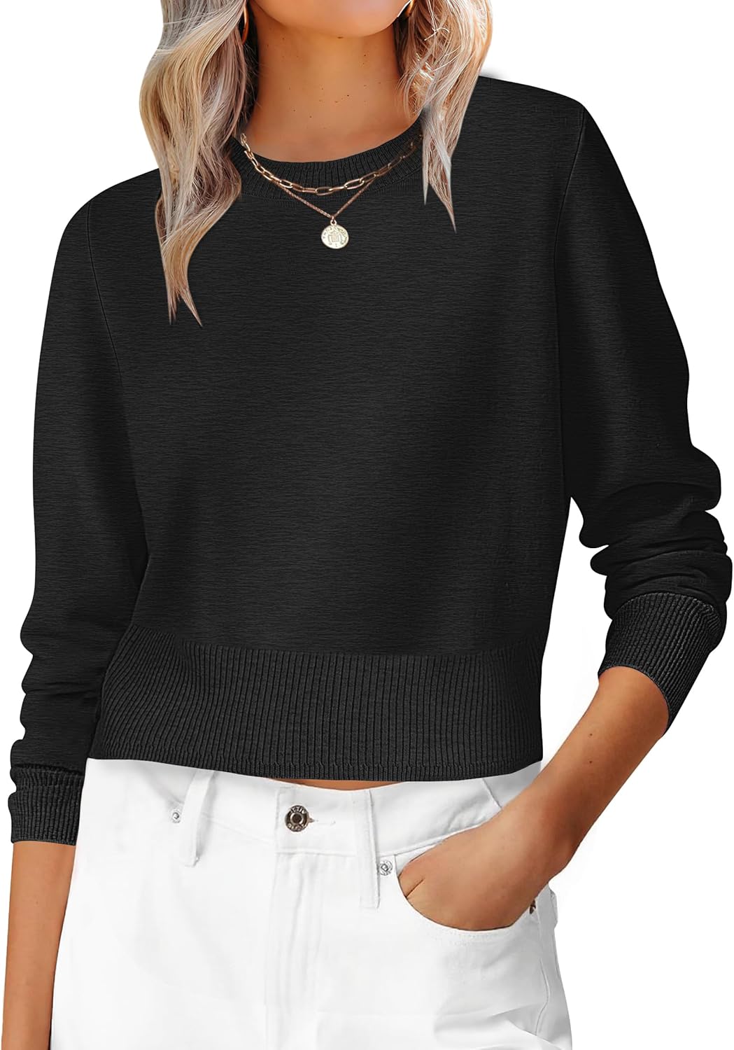 ANRABESS Womens Long Sleeve Sweaters Cropped Crew Neck Business Casual Light Weight Sweater Tops Fall Fashion Clothes 2025