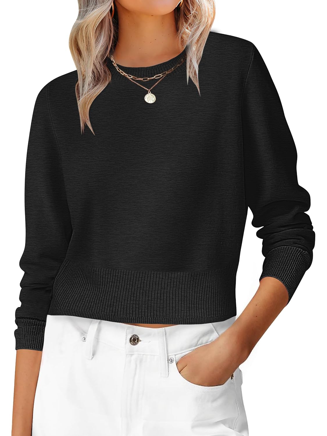 ANRABESS Womens Long Sleeve Sweaters Cropped Crew Neck Business Casual Light Weight Sweater Tops Fall Fashion Clothes 2025