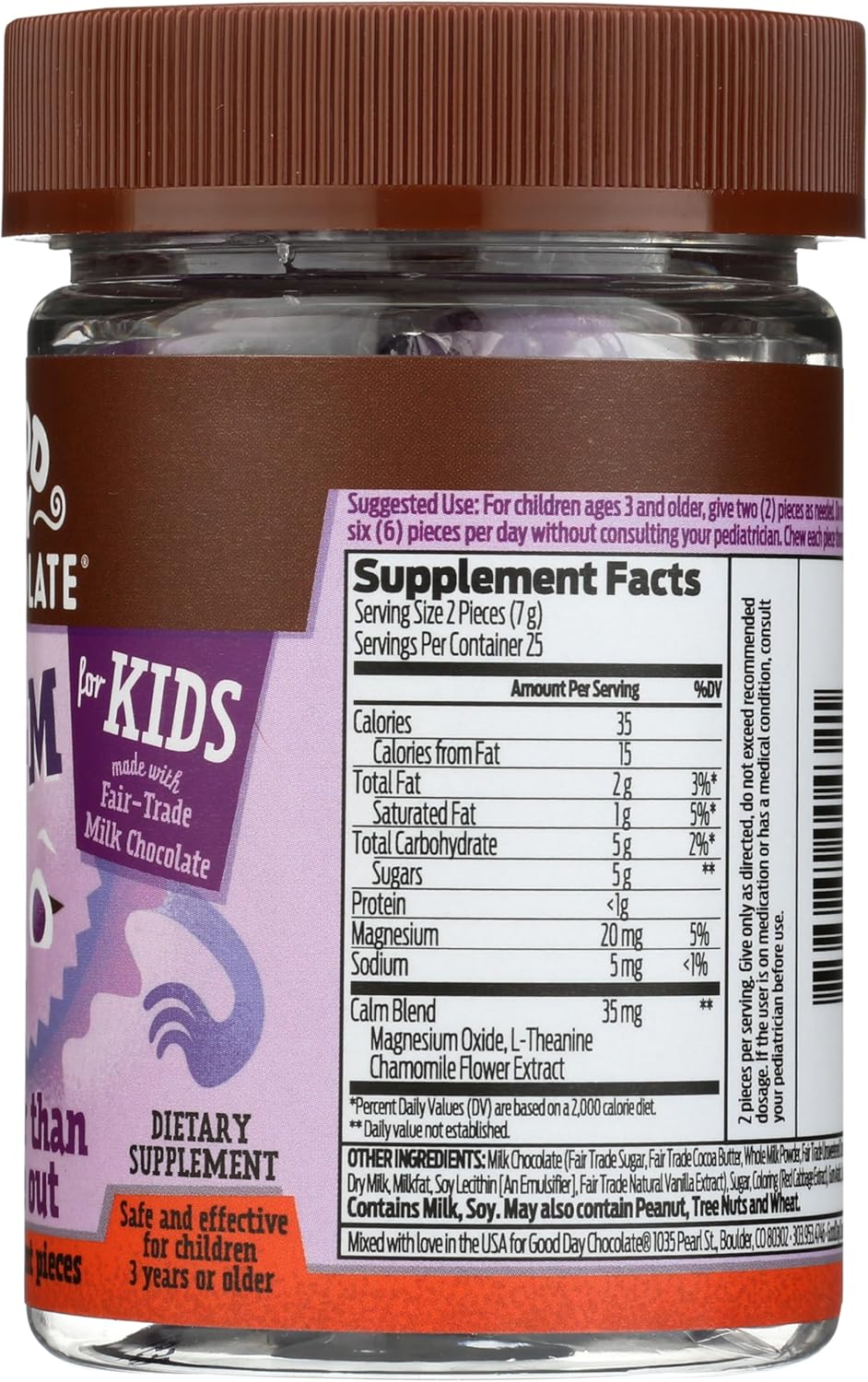 Good Day Chocolate Natural Calming Supplement for Kids, Blend of Camomile, L-Theanine, Fair Trade and Non-GMO Chocolate, 50 Pieces
