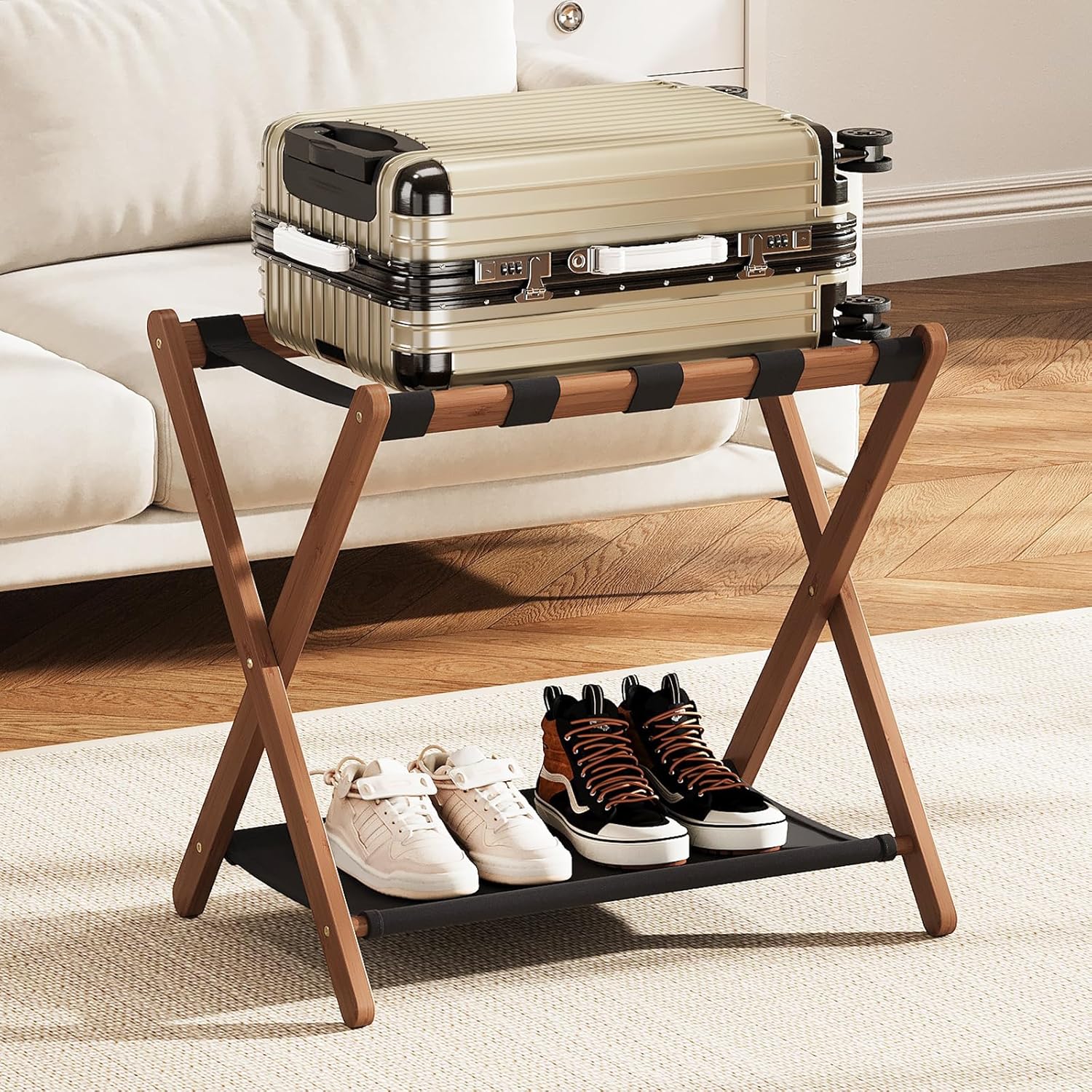 Fully Assembled Luggage Rack, Walnut Luggage Rack for Guest Room, Bamboo Folding Suitcase Stand with Storage Shelf, 5 Nylon Straps, Luggage Holder for Bedroom Hotel, 26.77"W x 16.93"D x 22.5"H, 1 Pack Walnut -1pack