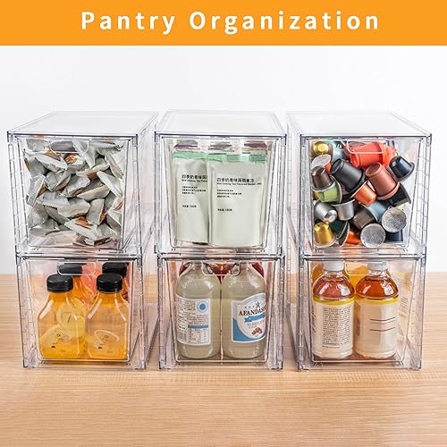 Miniatura 4 de Paquete de 2 cajones apilables grandes, organizadores de acrílico transparente con asa, fácil de montar para cocina, baño, gabinete, maquillaje,