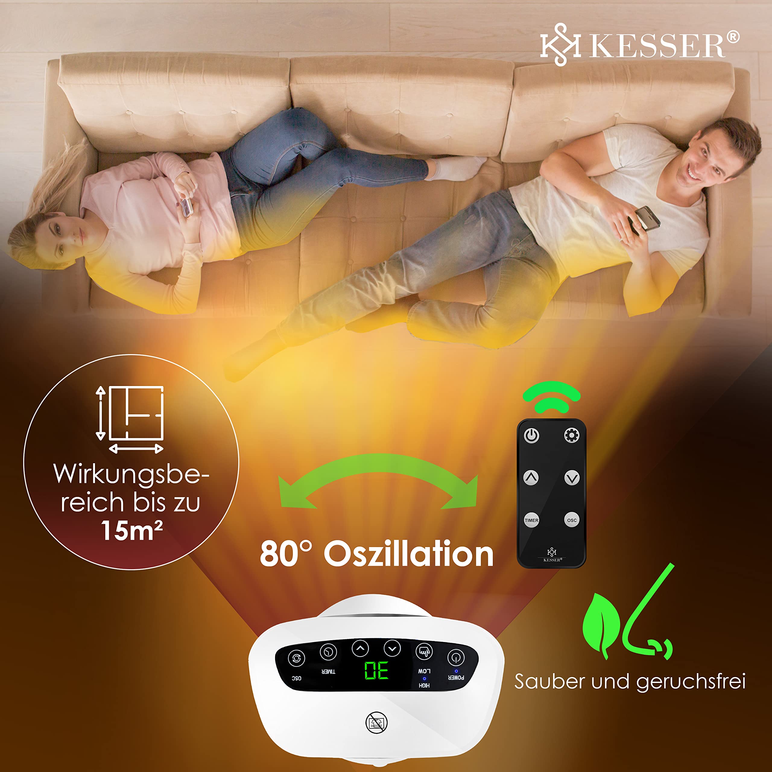 KESSER® Termoventilatore con telecomando, a risparmio energetico, silenzioso, 2000 W, in ceramica, 15-30 °C, riscaldamento rapido con funzione di oscillazione di 80°, timer, riscaldamento a torre