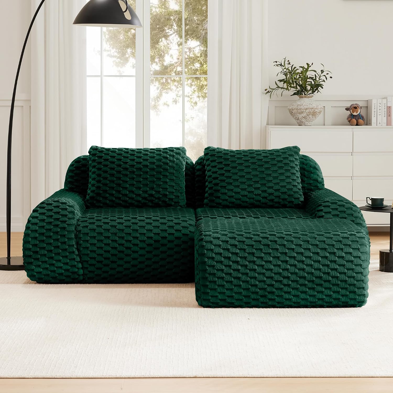 82'' Boneless Couch Modular Sectional Sofa, Small L-Shaped Couch with Buckle Connection, Anti-Slip Design, Flannelette Fabric Couches for Living Room (Green, 2 Seat + 1 Ottoman)