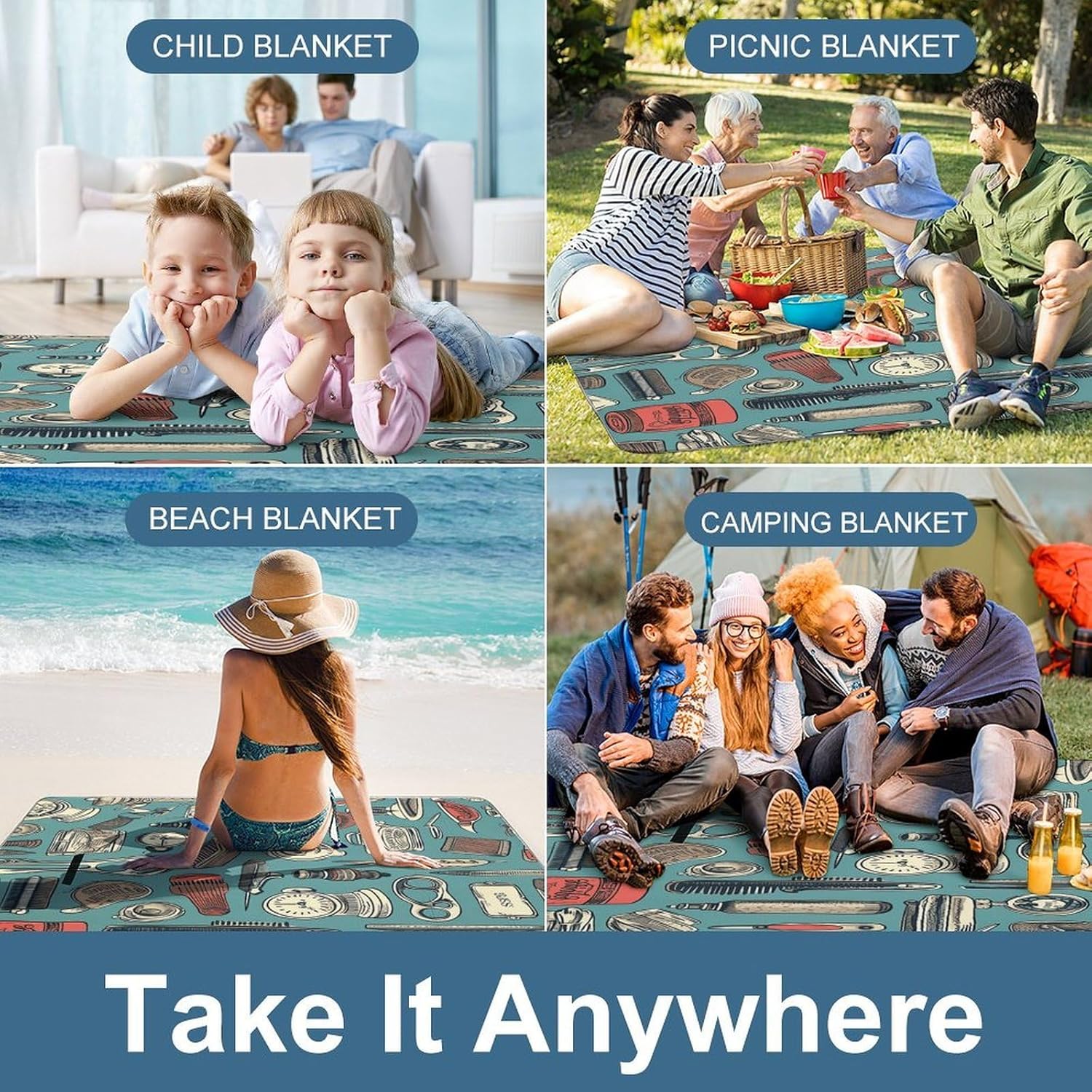 Barber Shop Waterproof Picnic Blanket 58.3''x58.3'',Portable and Foldable Picnic Mat with Handle,Outdoor Blankets for Lawn Park Beach Travel
