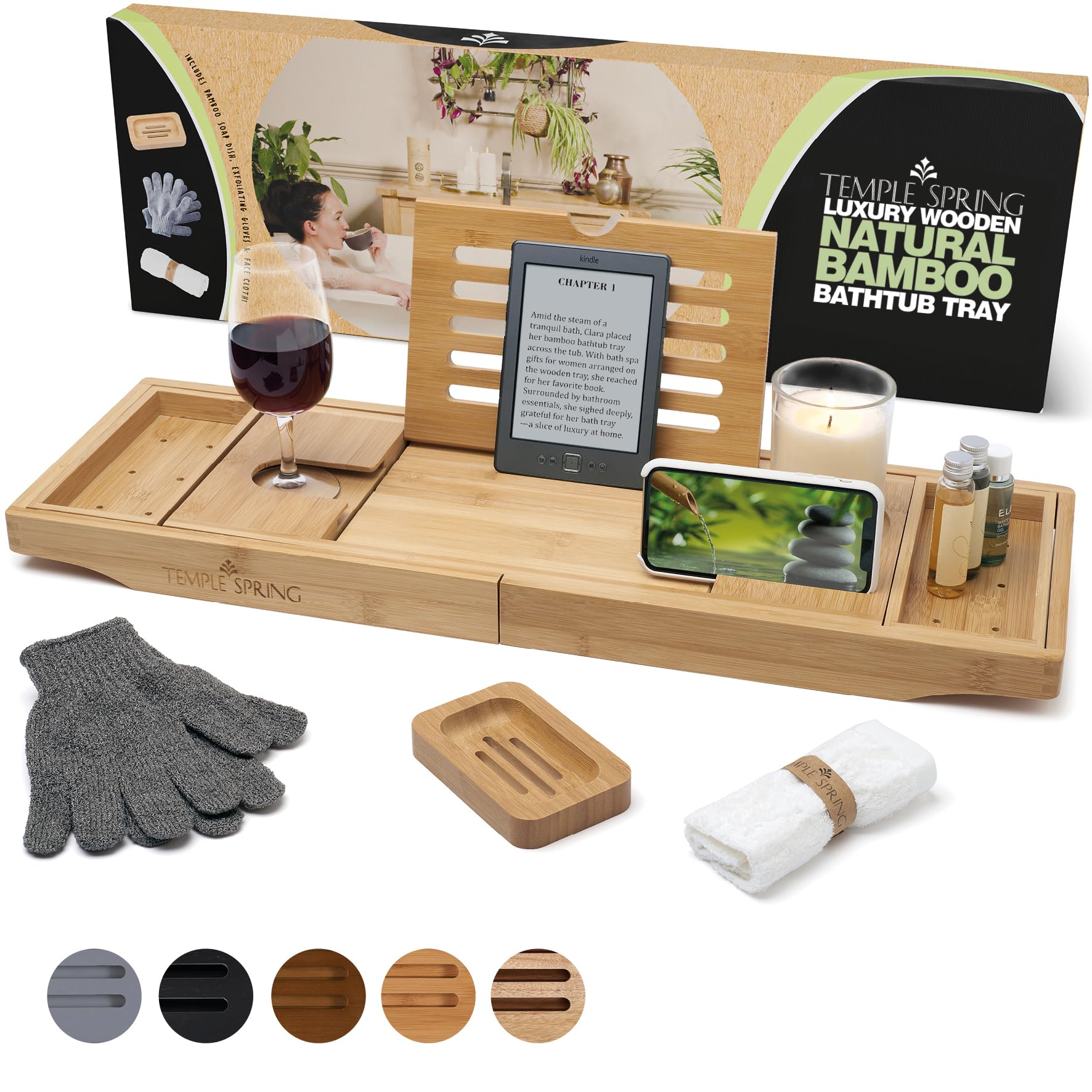 Temple Spring Wooden Bath Tray, Bath Shelf Bathroom Accessory, Home Spa Boards for Adults, Bathtub Caddy, Bamboo Bathroom Accessories Set, Extendable Bathtub Rack with iPad & Phone Holder - Natural