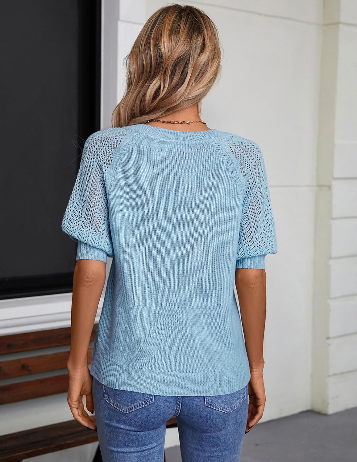 Women Half Sleeve Knitted Sweater, Fall Summer Solid Hollow Crochet Top - V Neck, Elasticity, No Pilling, Lightweight - Image 3