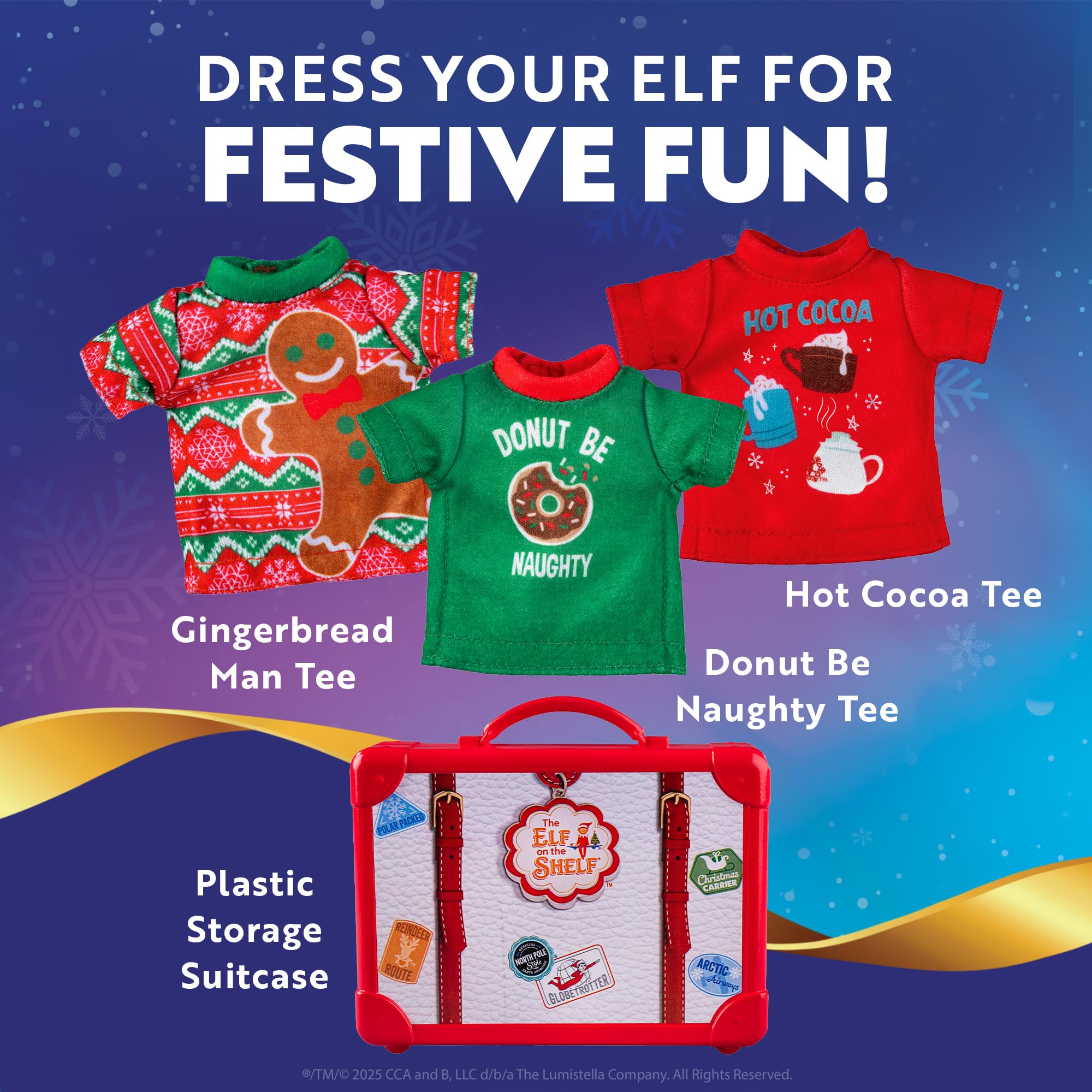 The Elf on the Shelf Claus Couture Collection - Juego de 3 Camisetas de tamaño Elfo con diseños de Pan de Jengibre, Cacao Caliente y Dona, Elfo Explorador no Incluido