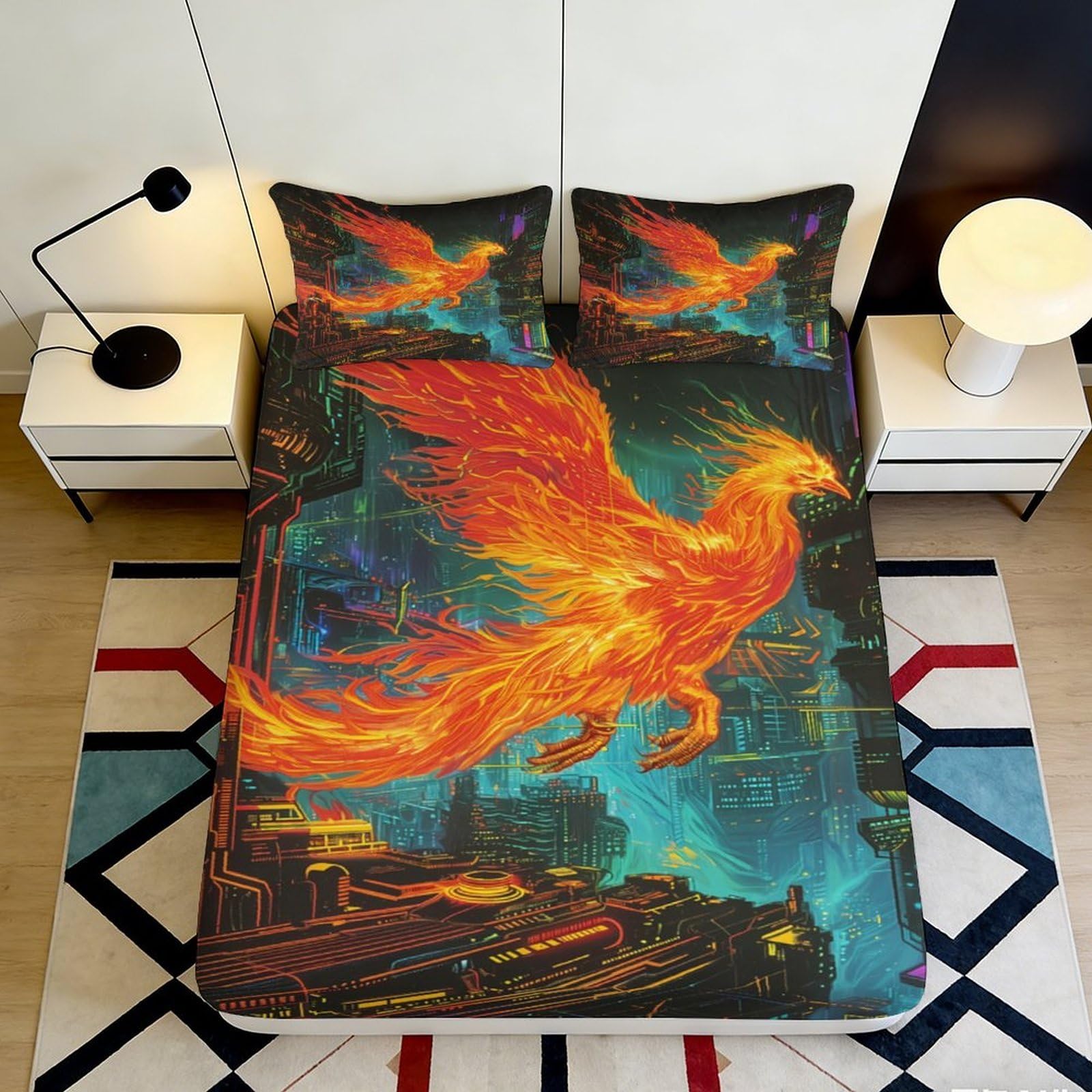 3D Printed Fire Phoenix Fitted Sheet Microfiber Soft Urban Skyline Mattress Cover for Bedroom Guest Room Decor 90x200x25cm