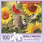 Bits and Pieces - 100 Piece Jigsaw Puzzle for Adults - Sunflower & Songbirds - Cardinals Jigsaw Puzzle by William Vanderdasson, Completed Puzzle Size: 15 x 19