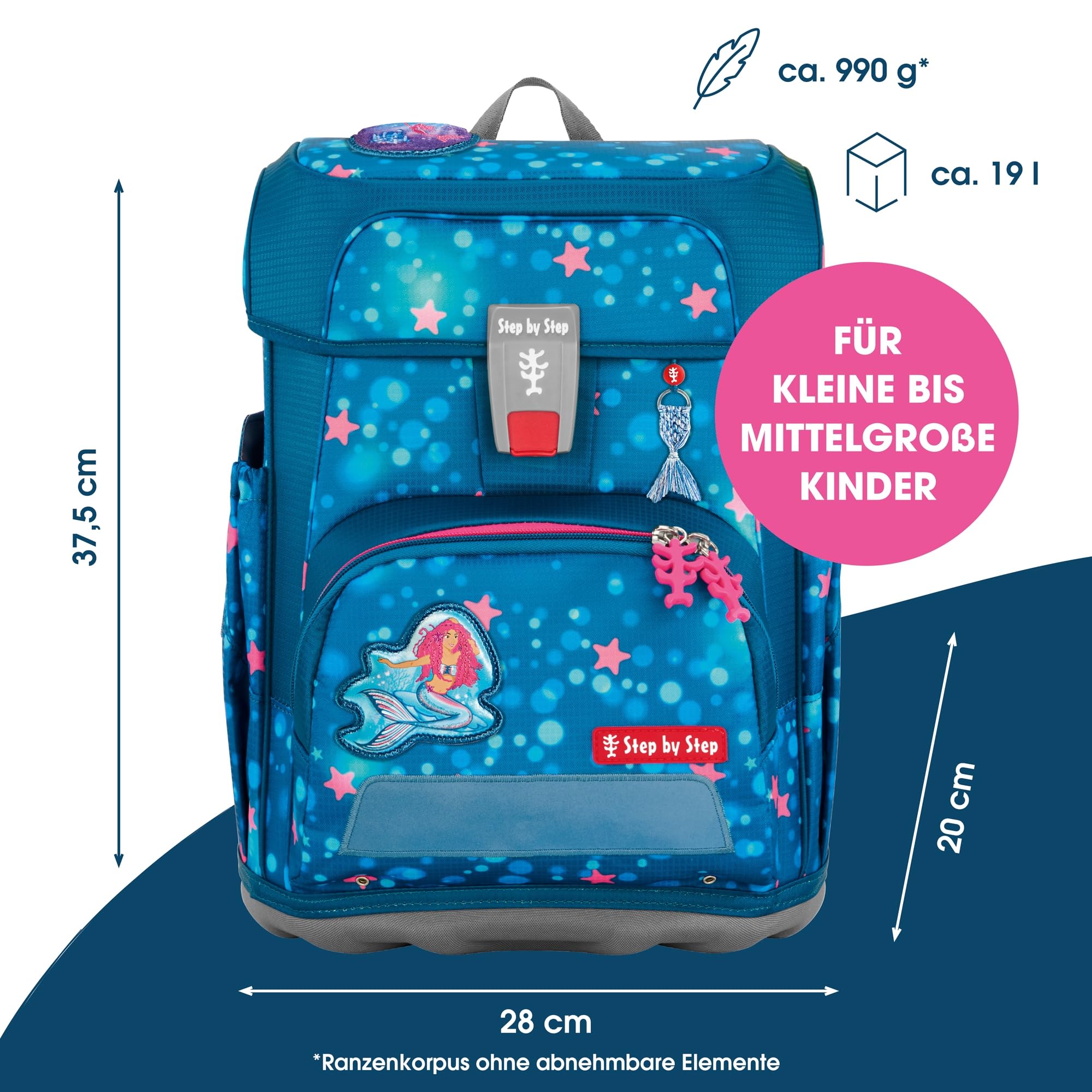Step by Step Cloud zestaw tornister szkolny, 5-częściowy, ergonomiczny tornister z odblaskami, regulacja wysokości z paskiem biodrowym, od 1 klasy, 19 l, Syrenka Lola, tornister