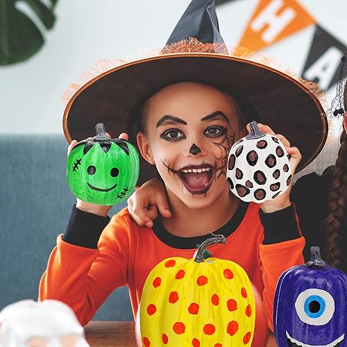Miniatura 4 de Winlyn 7 juegos de pintura de calabaza de otoño surtidas calabazas de espuma blanca para pintar para niños, otoño, Halloween, fiesta de Acción de