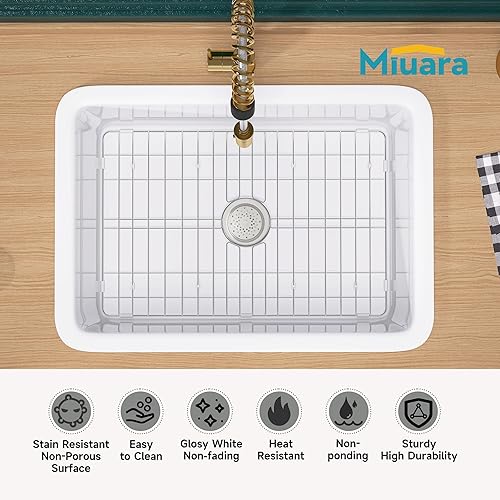 Miniatura 2 de Miuara Fregadero de cocina de 27 x 19 pulgadas, fregadero de cocina blanco brillante, arcilla refractaria de doble montaje en fregadero húmedo