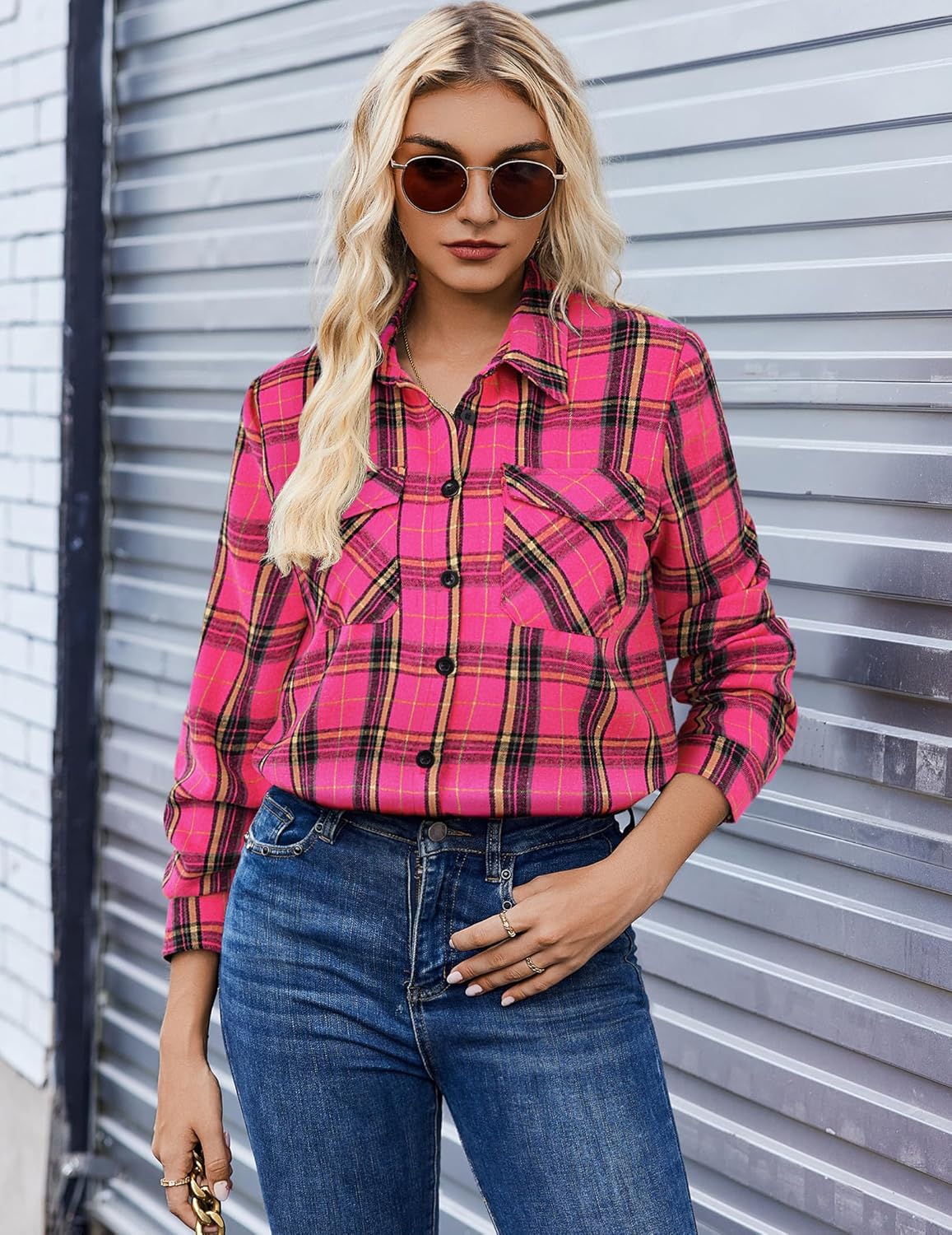 Zeagoo Womens Button Down Flannel Shirts Long Sleeve Plaid Blouses Lightweight Business Dressy Casual Top with Pockets - Image 5