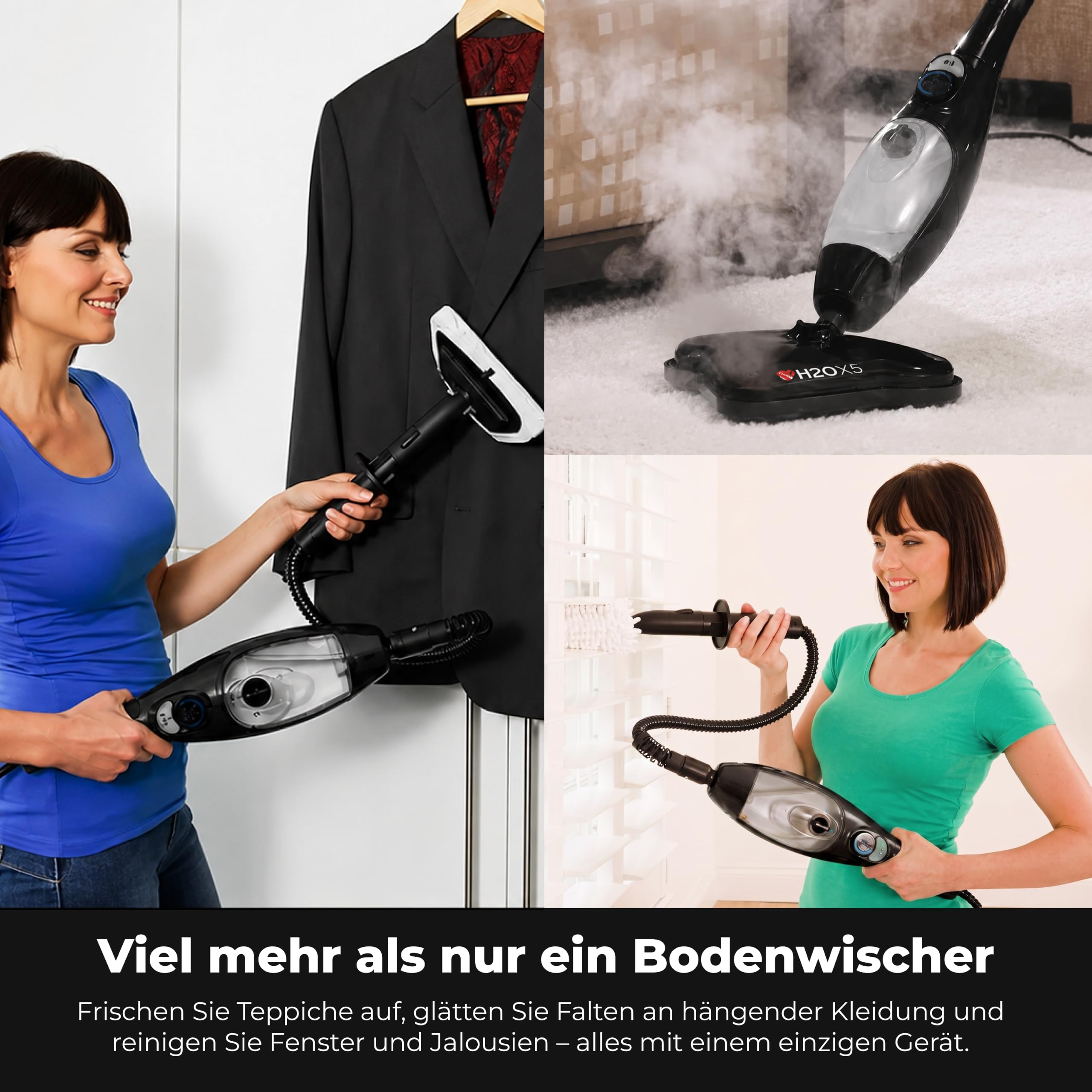 H2O X5® Dampfbesen & Handdampfreiniger – Hygienische Reinigung ohne Chemie – 12-tlg. Zubehör – 1300W (Schwarz)
