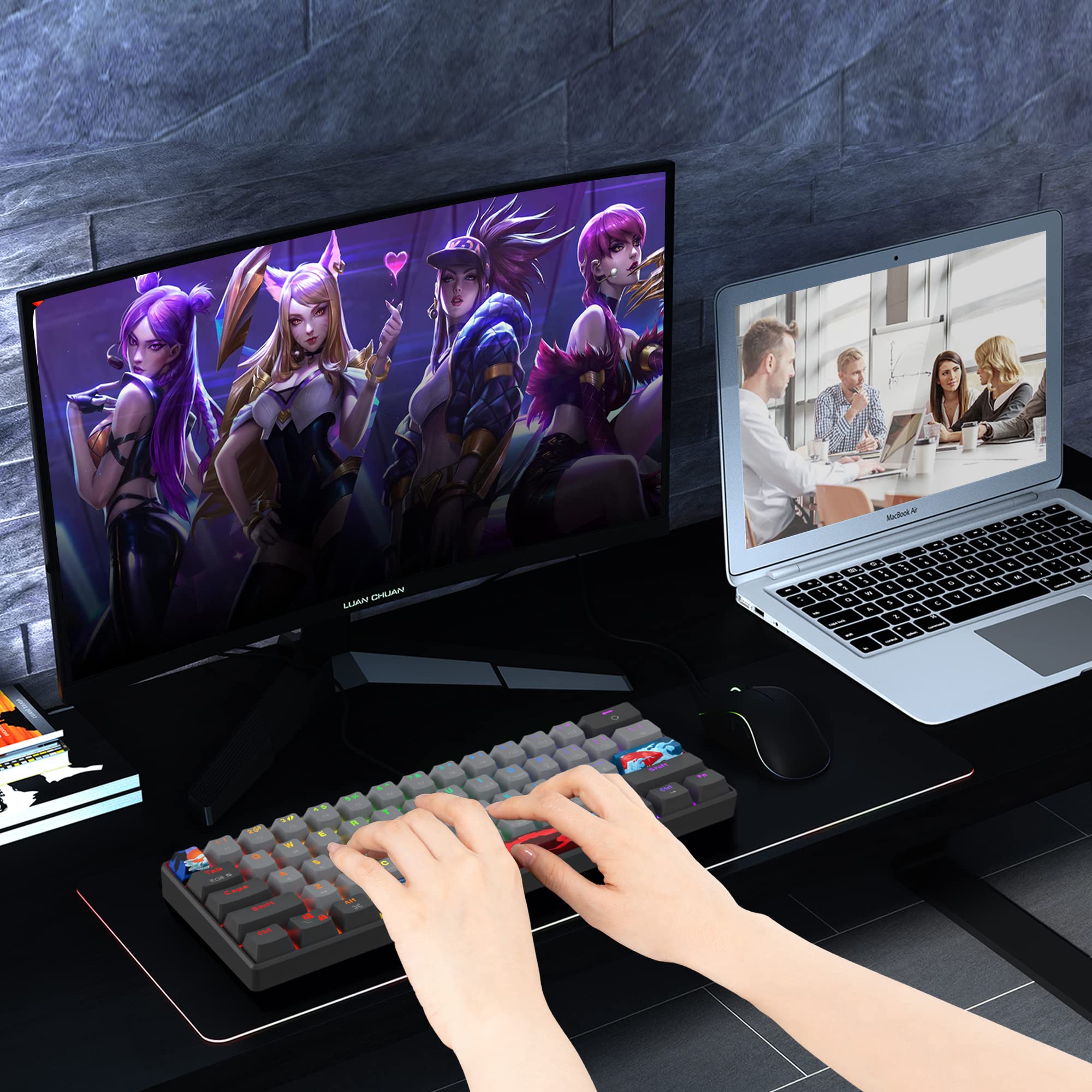Mini tastiera meccanica da gioco RGB, 60% percento, interruttore blu, ultra compatta, retroilluminata, ergonomica, cablata, con tasti in PBT grigio/nero, per Mac/Win/PC/ps4/ps5 (interruttore