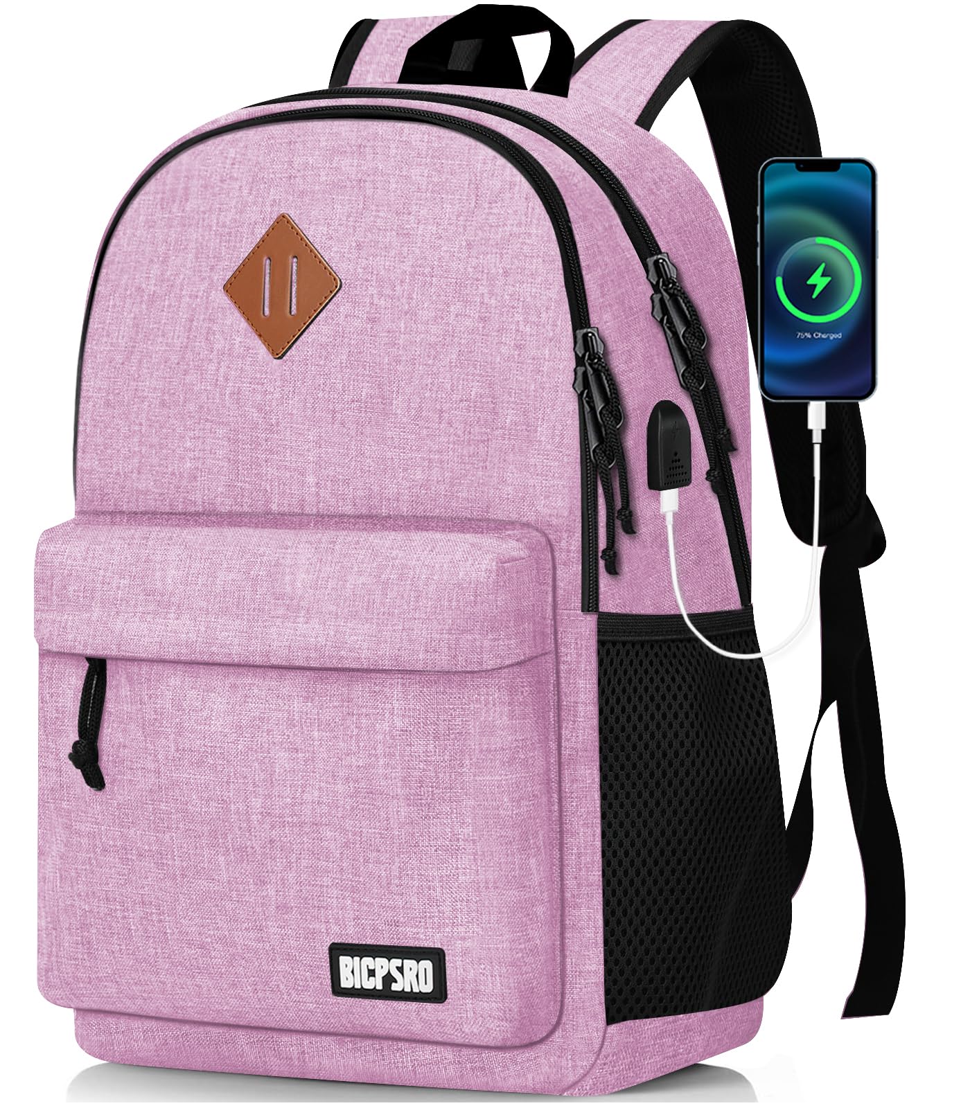 BICPSRO Backpack for Women, Casual School Backpack for Girls Teens, 15.6 Inch Laptop Bookbag with USB Charger for College High School back pack lightweight mochilas para hombres, Pink