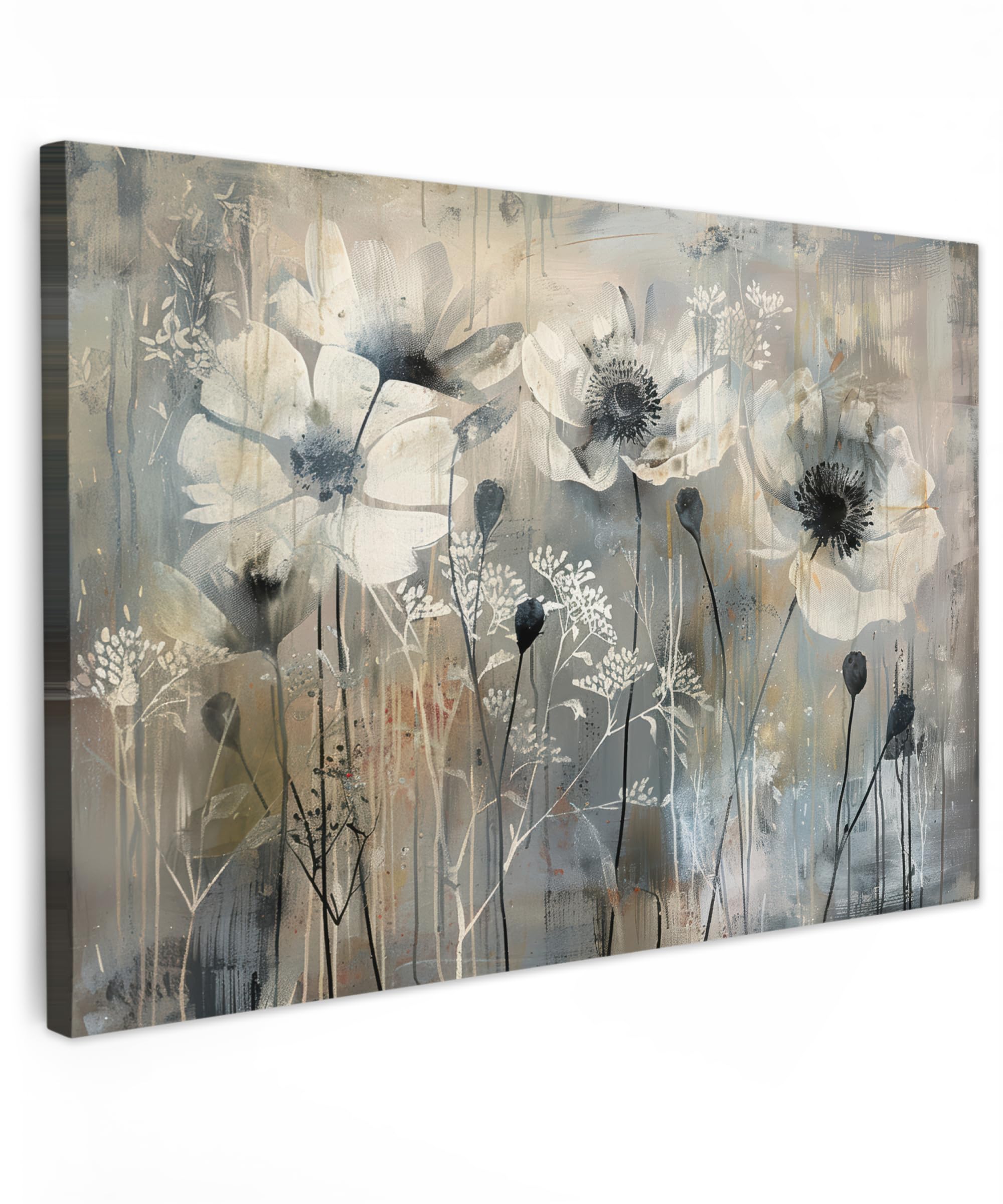 MuchoWow© Canvas Wall Art Work 35"x24" / 90x60 cm Room Decor Painting Wallfillers Picture Decoration Prints Flowers - Plants - Gray - Abstract