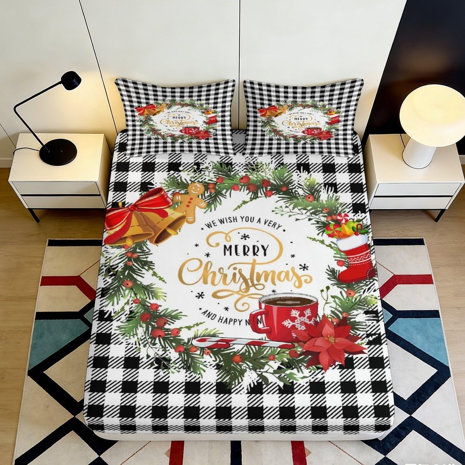 3D Printed Christmas Wreath Fitted Sheet Microfiber Black White Plaid Santa Bed Cover for Bedroom Guest Room Decor 90x200x25cm