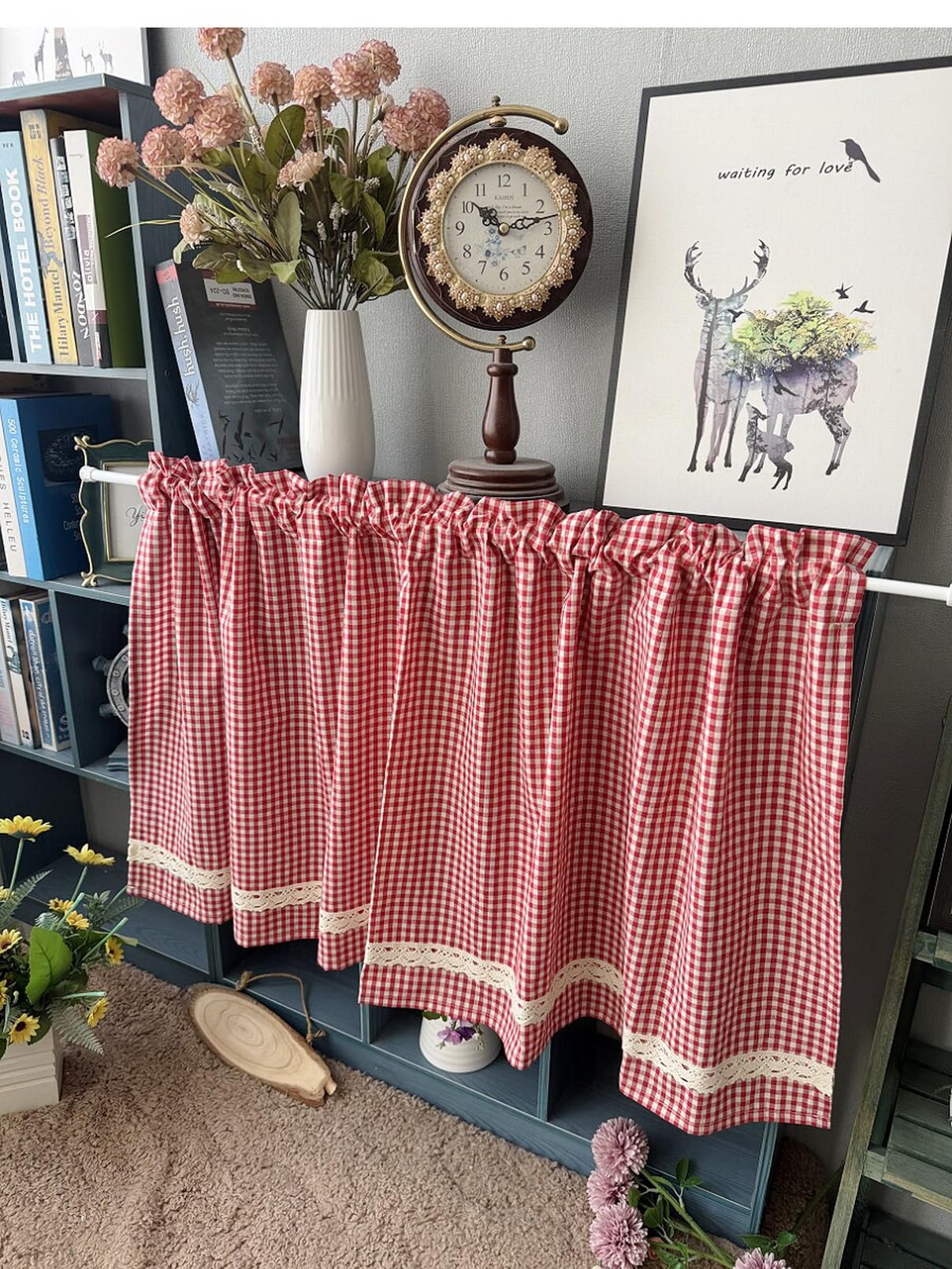 A.Monamour Tenda da cucina in cotone rosso e bianco a quadri in pizzo rurale a quadretti mezza corta tenda da cucina mantovana per piccole finestre bar bistrot