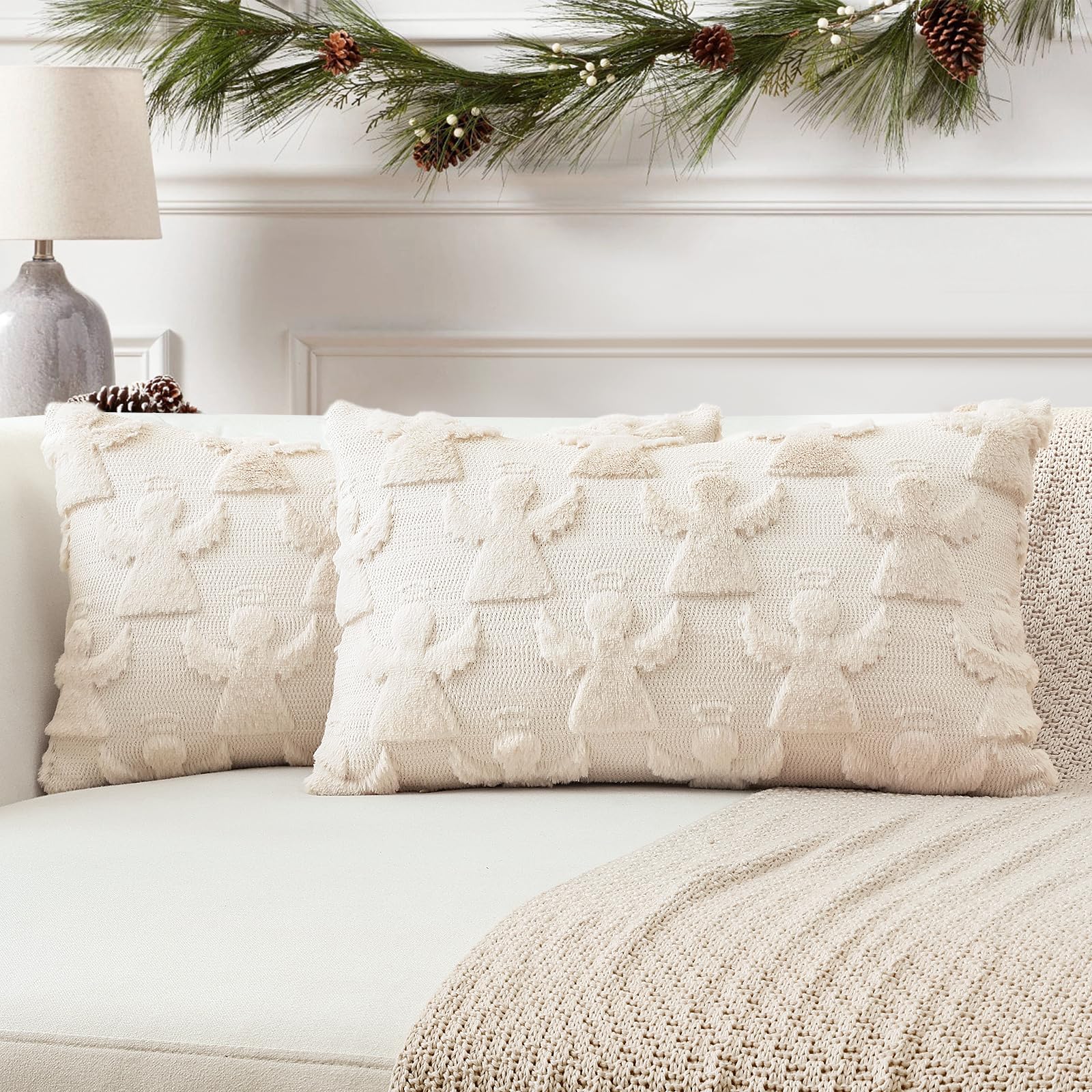 Artscope Set of 2 Xmas Soft Plush Short Wool Velvet Decorative Cushion Covers 40x60cm Lumbar Luxury Style Throw Pillow Covers Pillow Shell for Sofa Bedroom Angel Cream Beige